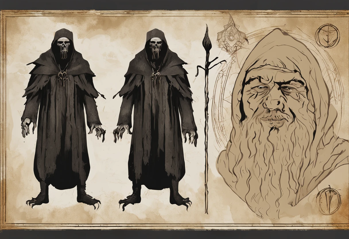 Crie um desenho aterrorizante de um bruxo bruxo. This wizard is a being of darkness, his face is old, com olhos afundados e sem pupila, apenas uma chama ardente. Their skin is stretched like parchment and covered in mysterious runes that seem to move. on the headpiece, He wears a wide-brimmed hat, cujas sombras escondem seu rosto, as if the hat were a lit candle. His torn black cloak seems to be made of living shadows that stretch to infinity. The wizard holds a twisted staff with a human skull at the end, e um escuro, viscous substance oozes from the skull. Around it is a circle of candles that burn in green flames and exude a sulfurous smell. The background is dark and full of sinister shadows