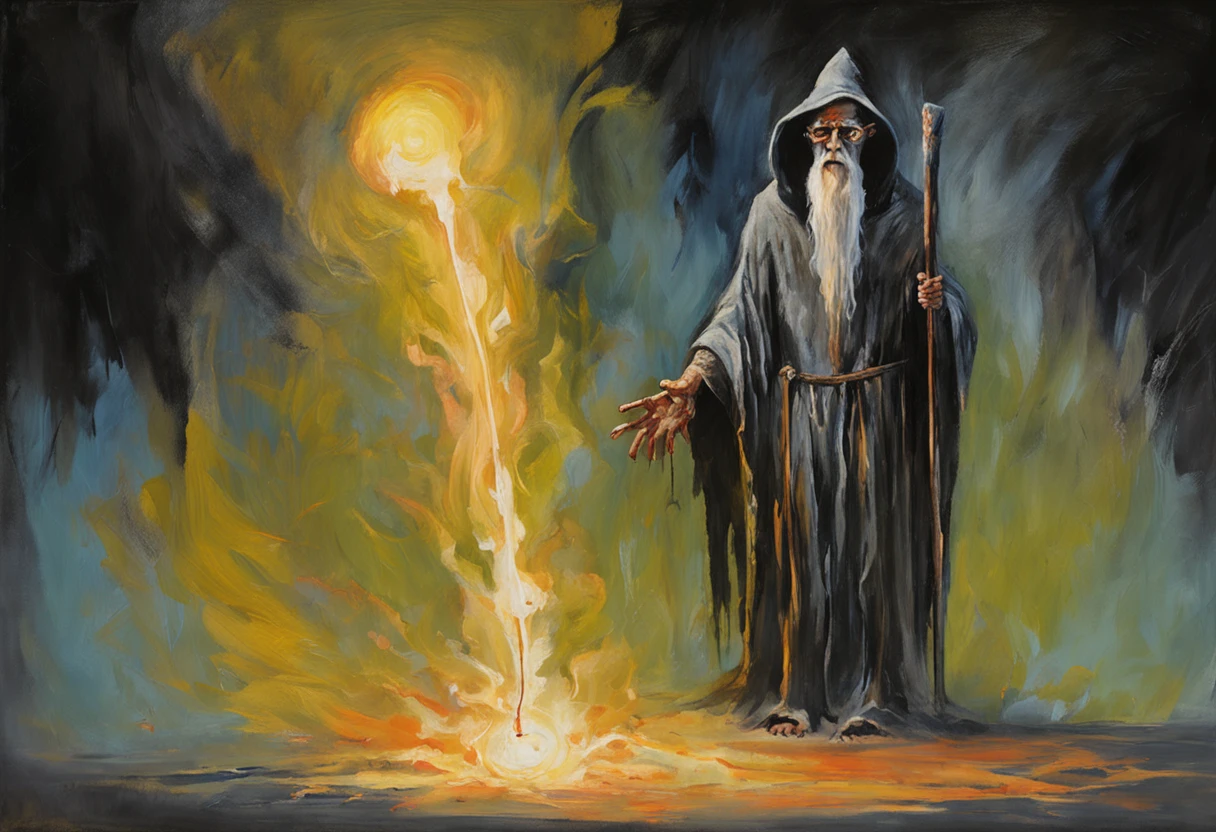 Crie um desenho aterrorizante de um bruxo bruxo. This wizard is a being of darkness, his face is old, com olhos afundados e sem pupila, apenas uma chama ardente. Their skin is stretched like parchment and covered in mysterious runes that seem to move. on the headpiece, He wears a wide-brimmed hat, cujas sombras escondem seu rosto, as if the hat were a lit candle. His torn black cloak seems to be made of living shadows that stretch to infinity. The wizard holds a twisted staff with a human skull at the end, e um escuro, viscous substance oozes from the skull. Around it is a circle of candles that burn in green flames and exude a sulfurous smell. The background is dark and full of sinister shadows
