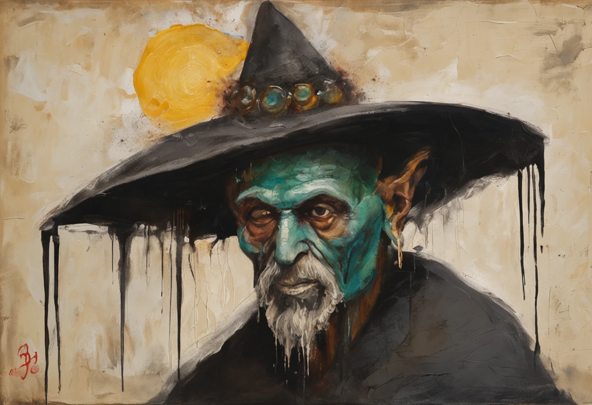 Crie um desenho aterrorizante de um bruxo bruxo. This wizard is a being of darkness, his face is old, com olhos afundados e sem pupila, apenas uma chama ardente. Their skin is stretched like parchment and covered in mysterious runes that seem to move. on the headpiece, He wears a wide-brimmed hat, cujas sombras escondem seu rosto, as if the hat were a lit candle. His torn black cloak seems to be made of living shadows that stretch to infinity. The wizard holds a twisted staff with a human skull at the end, e um escuro, viscous substance oozes from the skull. Around it is a circle of candles that burn in green flames and exude a sulfurous smell. The background is dark and full of sinister shadows