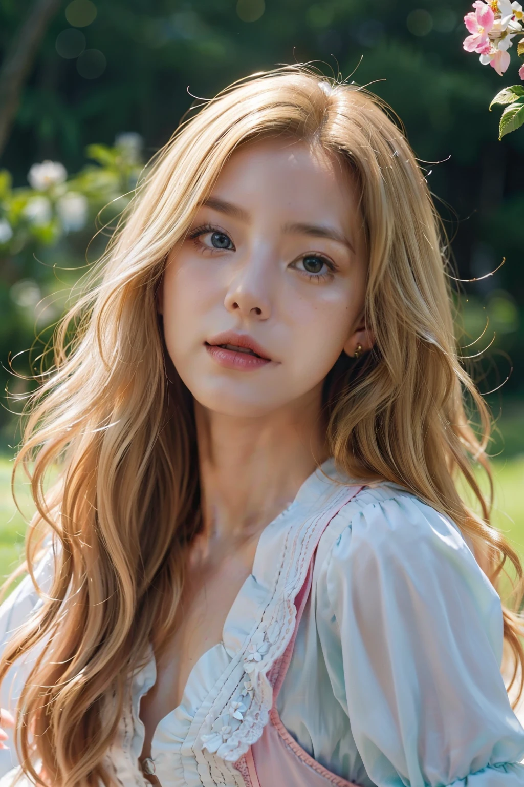 1girll，Wavy blonde hair，long whitr hair，bluntbangs，Green eyes，Pink dress，Fine eyes and detailed face，Extremely detailed Cg Unity 8K wallpaper，intricately details，Break，Kaleidoscopic image、Symmetrical pattern、vivd colour、geometric shapes、flattering design、optical illusions、Dynamic composition break、The art of pantomime、Expressive body language、Silent storytelling、Evocative gestures、Visual storytelling、Theatrical performances break free、flowers in full bloom、Colorful petals、Fragrant smell、Nature's gift，Vibrant garden，peaceful scenery