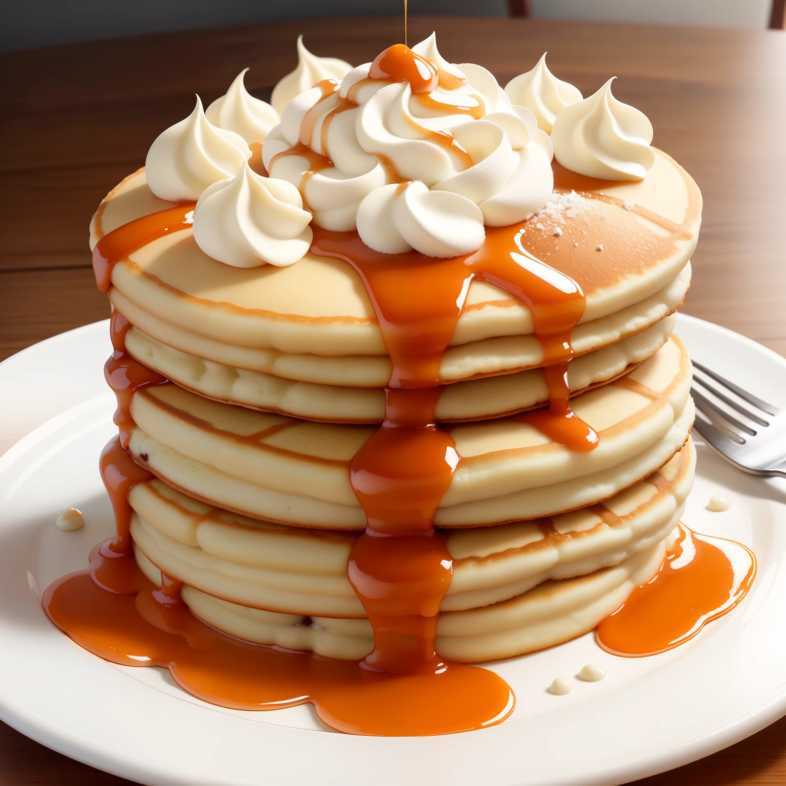 masterpiece, high quality, best quality, pancakes poured with maple syrup, (thin pancakes), foodphoto,