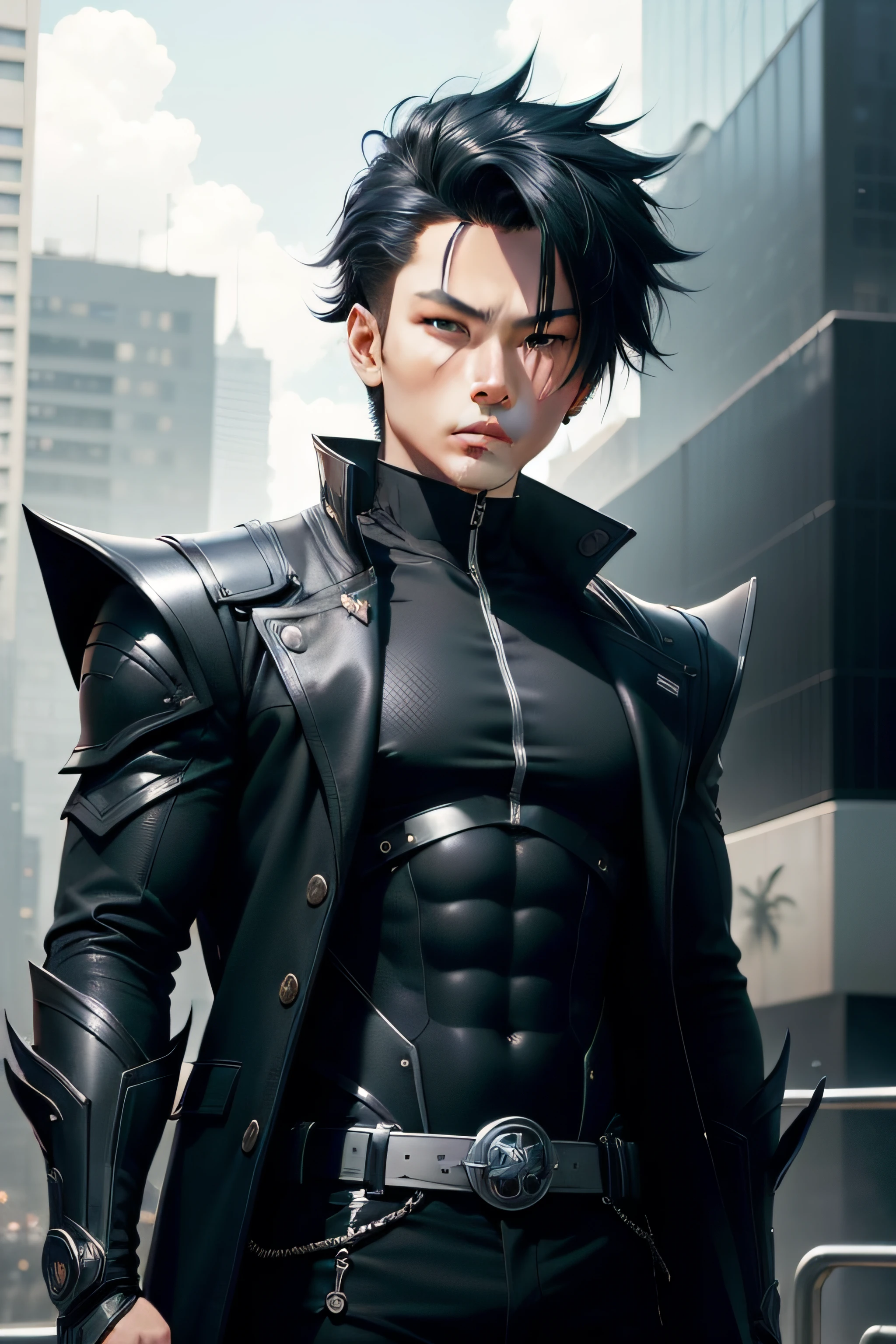 Hiro Tanaka," a charismatic anime character with an aura of determination and strength. Hiro boasts a sleek and modern appearance, with ebony black hair meticulously styled into a suave, asymmetrical cut. His piercing cobalt blue eyes reflect his unwavering resolve and adventurous spirit.
Pose and Expression:
Hiro stands tall against a backdrop of a futuristic cityscape, his stance radiating confidence and purpose. One hand rests casually in his pocket, while the other grips the hilt of a futuristic blade strapped to his side. His grin is both playful and determined, capturing his readiness to face any challenge.
Tagline:
Tagline: "Forge Your Destiny with Conviction."
Art Style:
Hiro's character design marries contemporary anime aesthetics with sharp, clean lines and dynamic shadows. The artwork conveys a sense of motion, as if he's a central figure in an epic saga. The attention to detail in his attire and accessories brings his modern warrior persona to life.
Placement on T-shirt:
The illustration of Hiro Tanaka is positioned in the center of the T-shirt, with the futuristic cityscape extending upward to frame his figure. The tagline is positioned horizontally beneath him, creating a balanced composition.
Color Palette:
Ebony black for Hiro's hair, creating a striking contrast with his cobalt blue eyes.
Cool shades of blue and gray for his outfit and the cityscape, reflecting a high-tech atmosphere.
A touch of metallic silver for accents on his outfit and weapon.