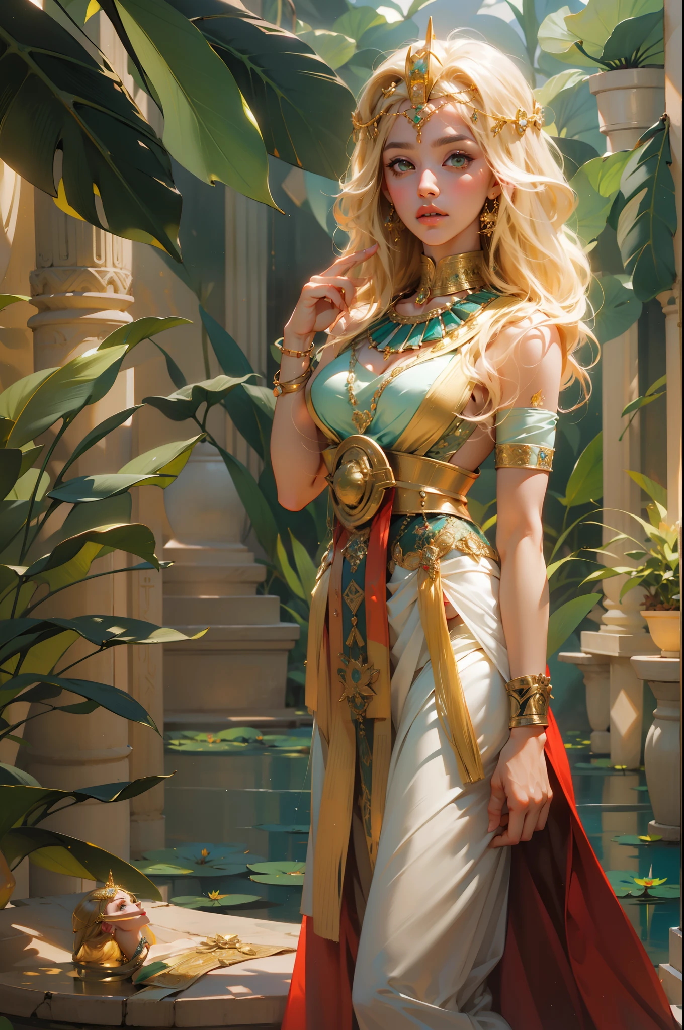 1girl,Blonde hair,Egyptian dress-up,queen of Egypt,goddes,Young girls,Emerald eyes,Elaborate Eyes,beauitful face,Stand by the lotus pond,Meticulous CG,Cinematic imagery,Beautiful,skin is smooth and fair,super high image quality