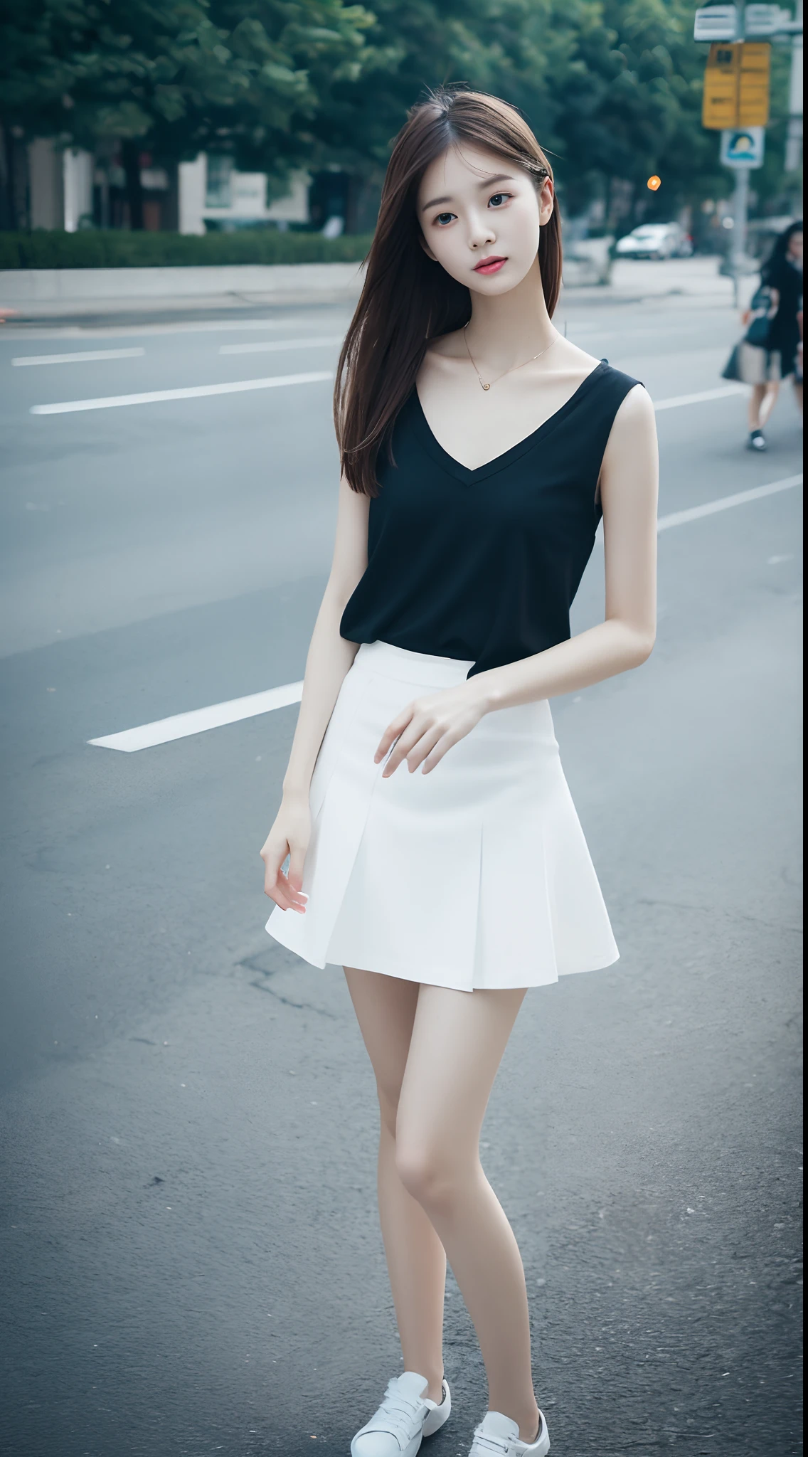 top Quority,Ultra-clear resolution,Clear eyes,plain face,s the perfect face,White skin,Perfect chest,with perfect legs,Long legs,Short black style skirt,Random environment