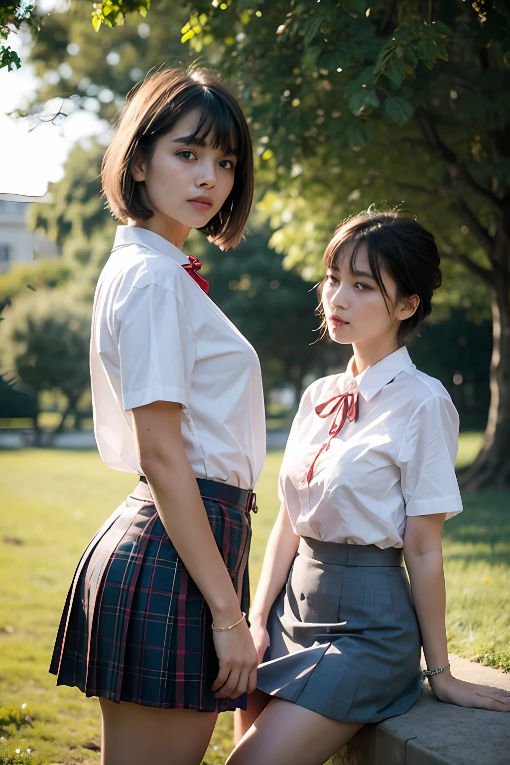 NSFW, 8K Raw photograph, Best quality, Masterpiece, 超高分辨率, filmgrain, filmg, (((Two girls,duo))), view the viewer, Natural skin texture, Realistic eye and face details, full pouty lips, lipstick, (Makeup), Red eyeshadow, Fluffy short hair, Messy hair, Smile, closing the mouth, Beautiful legs, Tall female, Skinny, Slim_Legs, duo, Pose with your hips facing you, Superskirt, hindquarters, shirt, Beautiful natural location, Location around the flowers, (Detailed background), Plaid skirts, shirt, Huge breasts peeking out a little through the shirt, Loafer shoes, The background is blurred out, Blurry, Holding, tartan, Short sleeves, JK ribbon on neck, JK ribbon, Brown hair, Bracelet, water, bangs, school uniform, jewelry, parted lip, Lips, From the side Side, Pleated skirt, Depth of field