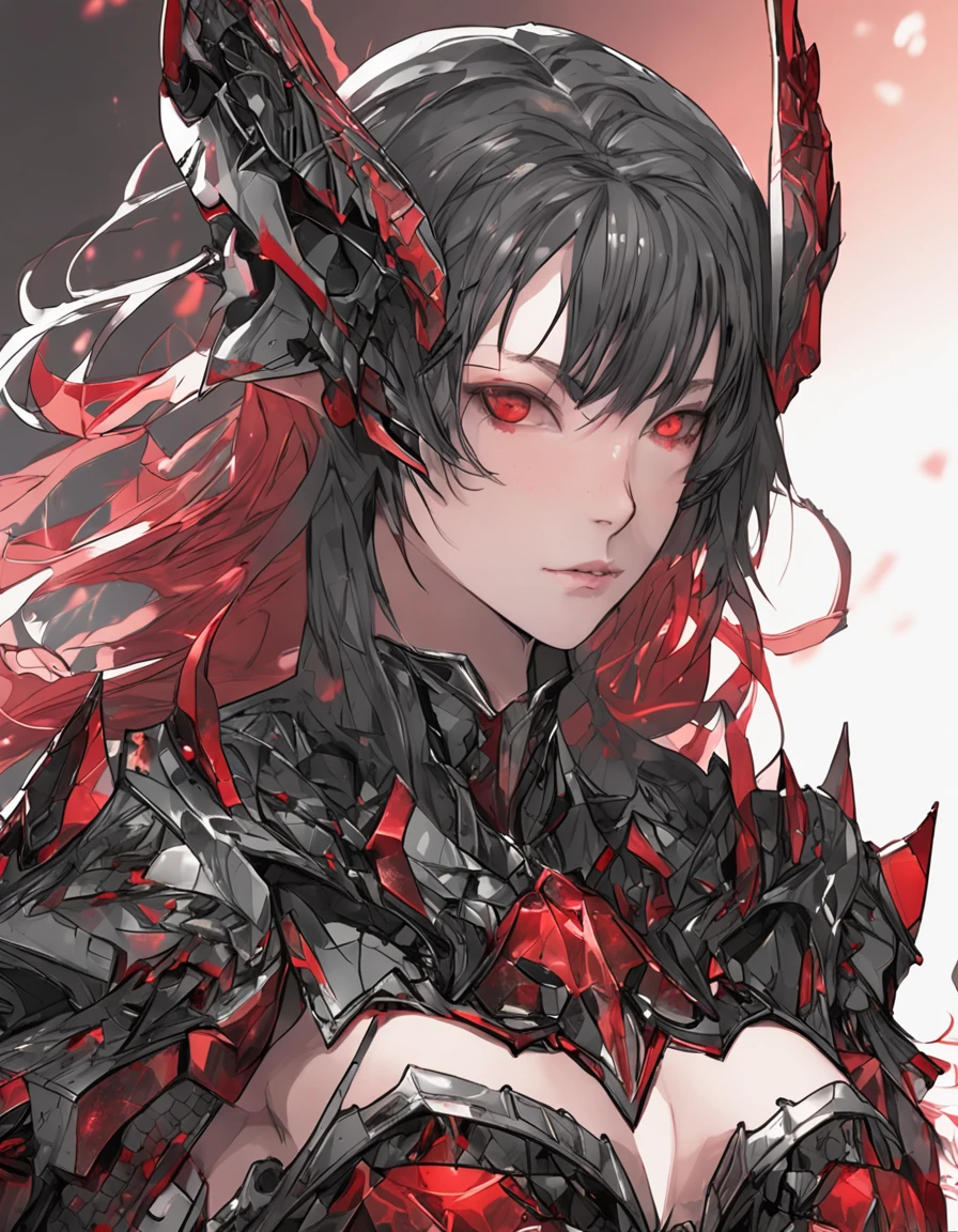 ((Masterpiece)), (illustration), (A high resolution), (((Best quality))), ((Ultra-detailed)), Depth of field, profile, ((Bust Up Shot)), looking at viewert, (1girll), (Solo), Expressionless, ((a beauty girl)), (Beautiful detailed red eyes), (Disheveled hair), Black hair, ((Medium breasts)), hair between eye, Long hair, (complex pattern), ((sharp black armor)), ((Sharp black shoulder armor)), (Gorgeous shoulder armor), (Red shiny rune details on armor), (Red torn cloak), (废墟), Cloud, (Sunset), lighting particle, (breeze), ((embers)), Detailed background, (Surrounded by many beautiful details red crystals), Mountain,