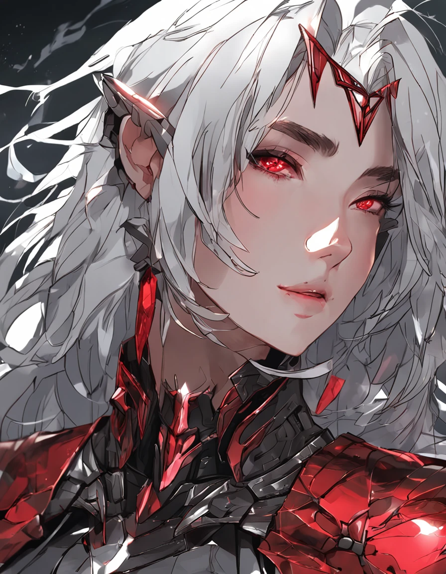 ((Masterpiece)), (illustration), (A high resolution), (((Best quality))), ((Ultra-detailed)), Depth of field, profile, ((Bust Up Shot)), looking at viewert, (1girll), (Solo), Expressionless, ((a beauty girl)), (Beautiful detailed red eyes), (Disheveled hair), Black hair, ((Medium breasts)), hair between eye, Long hair, (complex pattern), ((sharp black armor)), ((Sharp black shoulder armor)), (Gorgeous shoulder armor), (Red shiny rune details on armor), (Red torn cloak), (废墟), Cloud, (Sunset), lighting particle, (breeze), ((embers)), Detailed background, (Surrounded by many beautiful details red crystals), Mountain,
