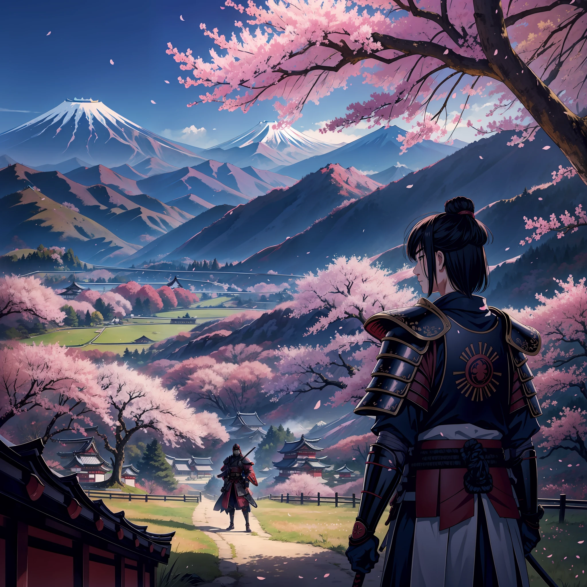 A Japanese samurai in samurai armor and a katana at the waist in a Japanese field with cherry trees and mountains. (Estilo: Japanese)