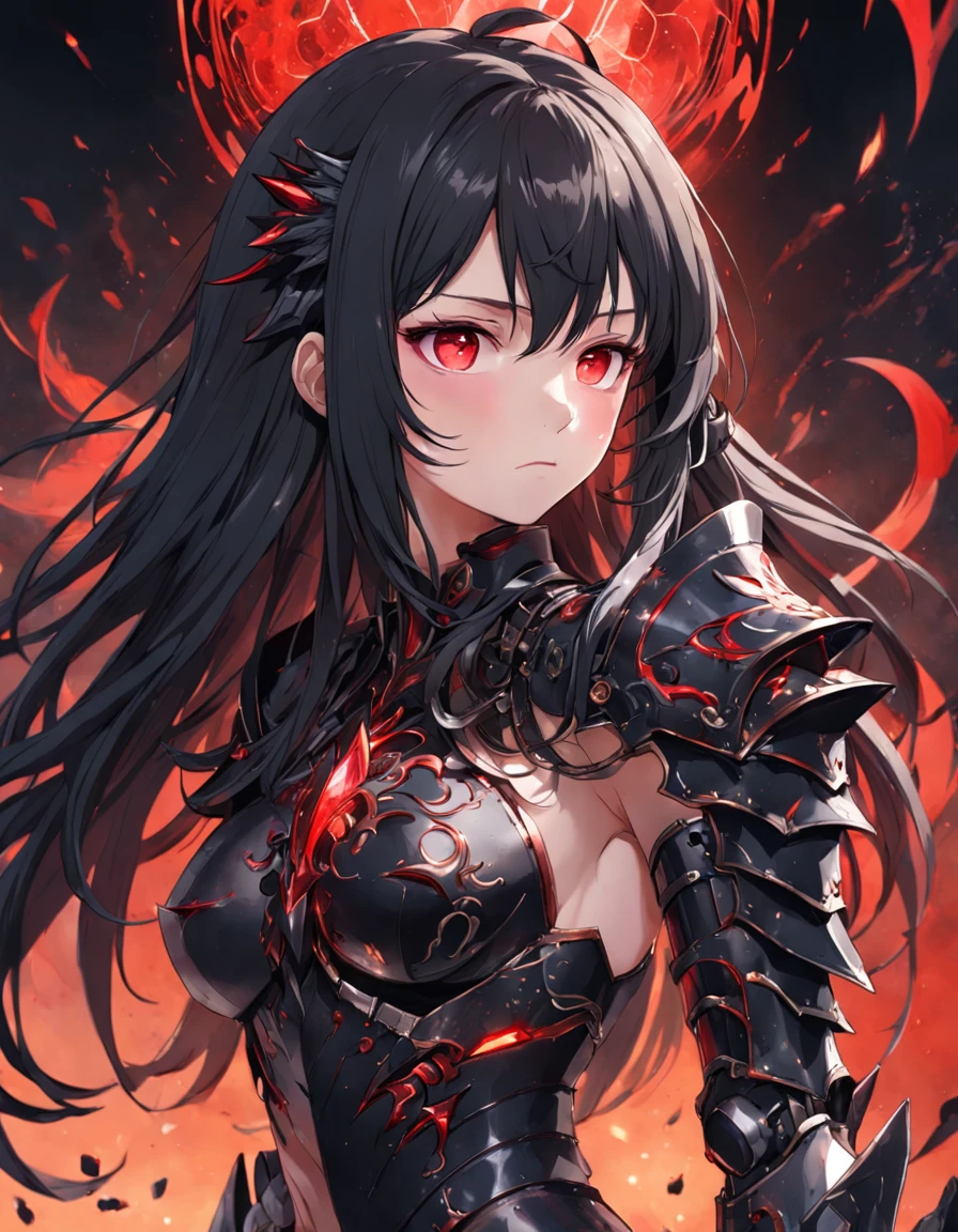 ((Masterpiece)), (illustration), (A high resolution), (((Best quality))), ((Ultra-detailed)), Depth of field, profile, ((Bust Up Shot)), looking at viewert, (1girll), (Solo), Expressionless, ((a beauty girl)), (Beautiful detailed red eyes), (Disheveled hair), Black hair, ((Medium breasts)), hair between eye, Long hair, (complex pattern), ((sharp black armor)), ((Sharp black shoulder armor)), (Gorgeous shoulder armor), (Red shiny rune details on armor), (Red torn cloak), (废墟), Cloud, (Sunset), lighting particle, (breeze), ((embers)), Detailed background, (Surrounded by many beautiful details red crystals), Mountain,