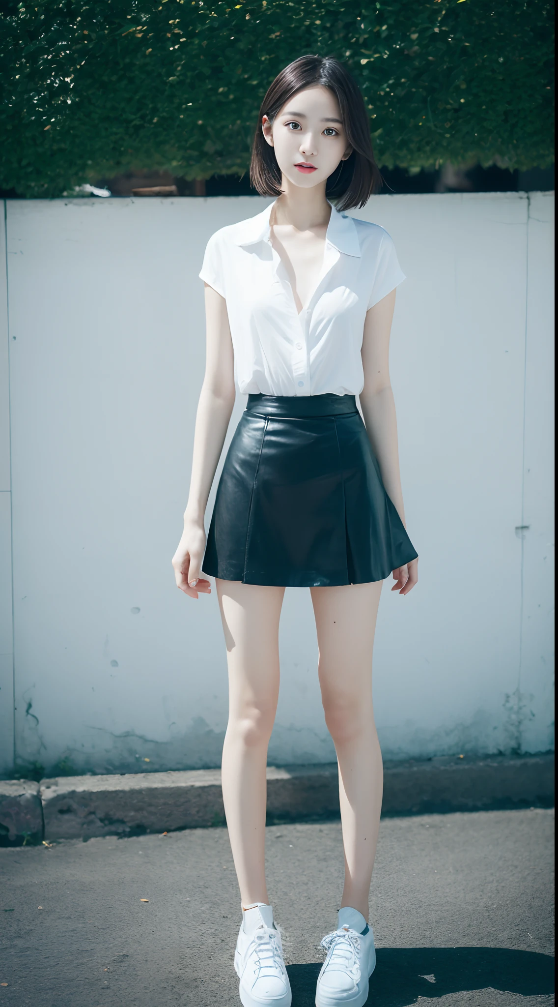 top Quority,Ultra-clear resolution,Clear eyes,plain face,s the perfect face,White skin,Perfect chest,with perfect legs,Long legs,Short black style skirt,Random environment