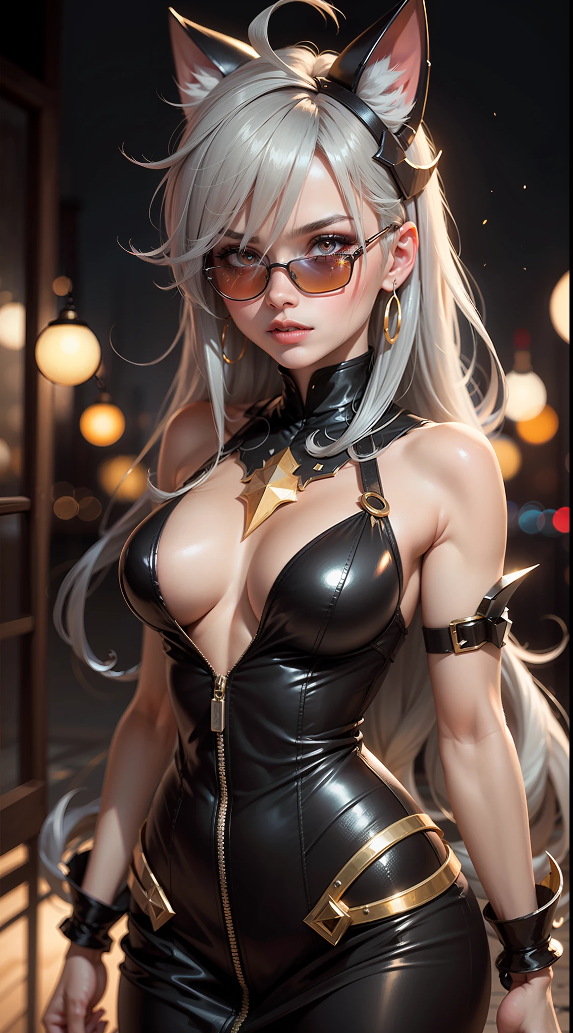 glass orbs, grey hair, ahoge, hime cut, kamina shades, horizontal pupils, crescent earrings, serious, Art Deco, sparkle, stereogram, stereogram, bust chart, perspective, bokeh, UHD, textured skin, best quality