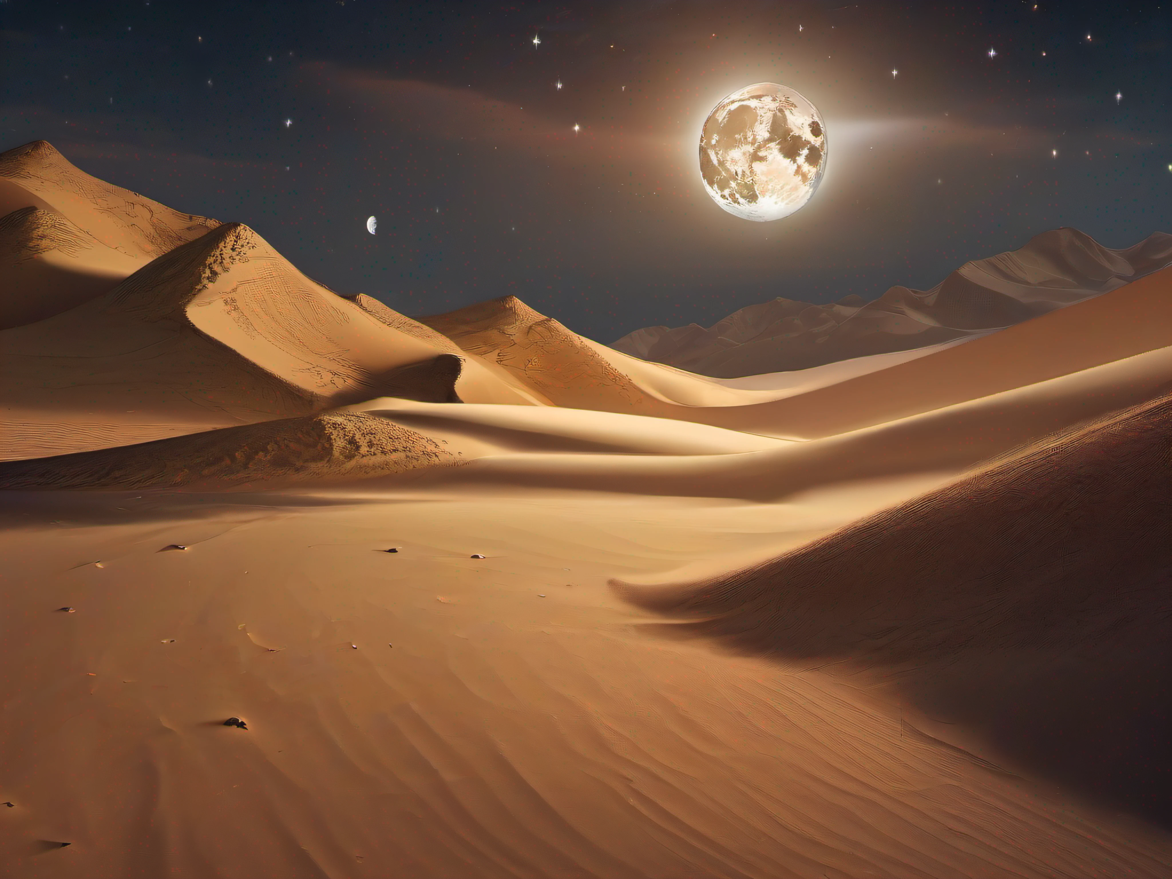 (masterpiece:1.2), (8k:1.2), (night:1.2), moon, (starry sky,:1.1) (sand:1.3), wasteland, sea of sand, arabian night