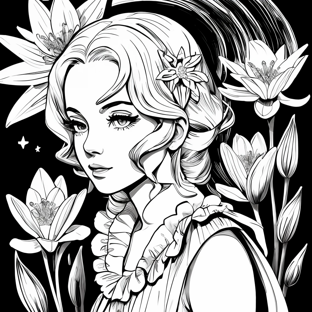 Black and white stick figure 1 girl with river lillies flower in background, loli in dress with flowers, its fine ink line art, comic style, portrait of ploynesian girl, Marilyn Munroe, Hollywood glam, beautiful line art, black and white comic style, manga style, manga art style, pencil and ink caricature drawing, black and white coloring