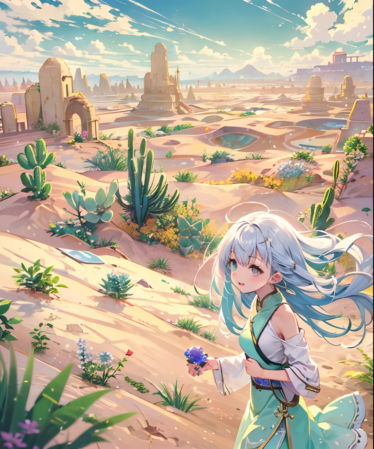 (((masterpiece)))、(((top-quality)))、((ultra-detailliert))、(illustratio)、((extremely delicate and beautiful))、、Bright smile、floating、Light purple hair、(Detailed light) (1girl in)、、独奏、The long-haired、The wind is blowing、A WORLD、In nature、(A desert)、(cute eye)、Yellow sand in the sky,The background is a vast desert, Desert Oasis,,Succulents,(View from the air)