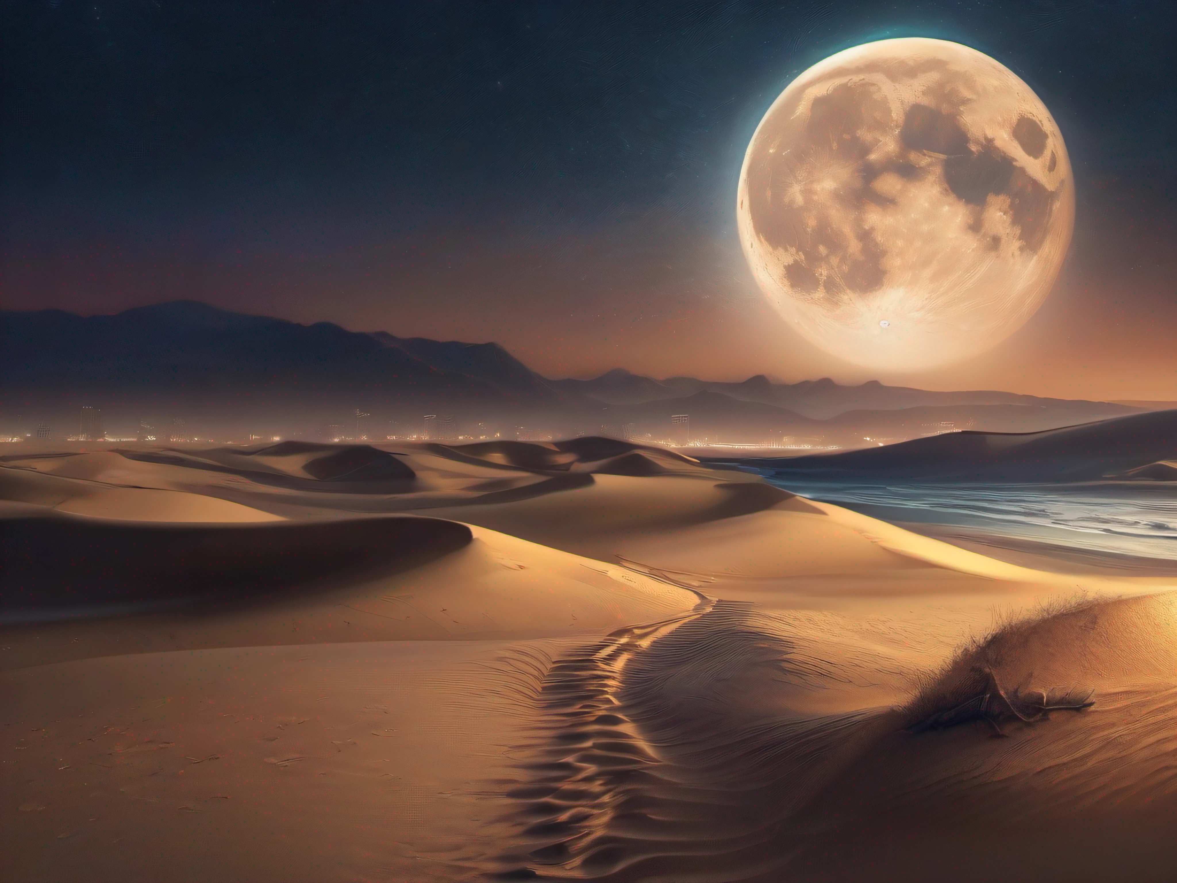 (masterpiece:1.2), (8k:1.2), (night:1.2), moon, (starry sky,:1.1) (sand:1.3), wasteland, sea of sand, arabian night