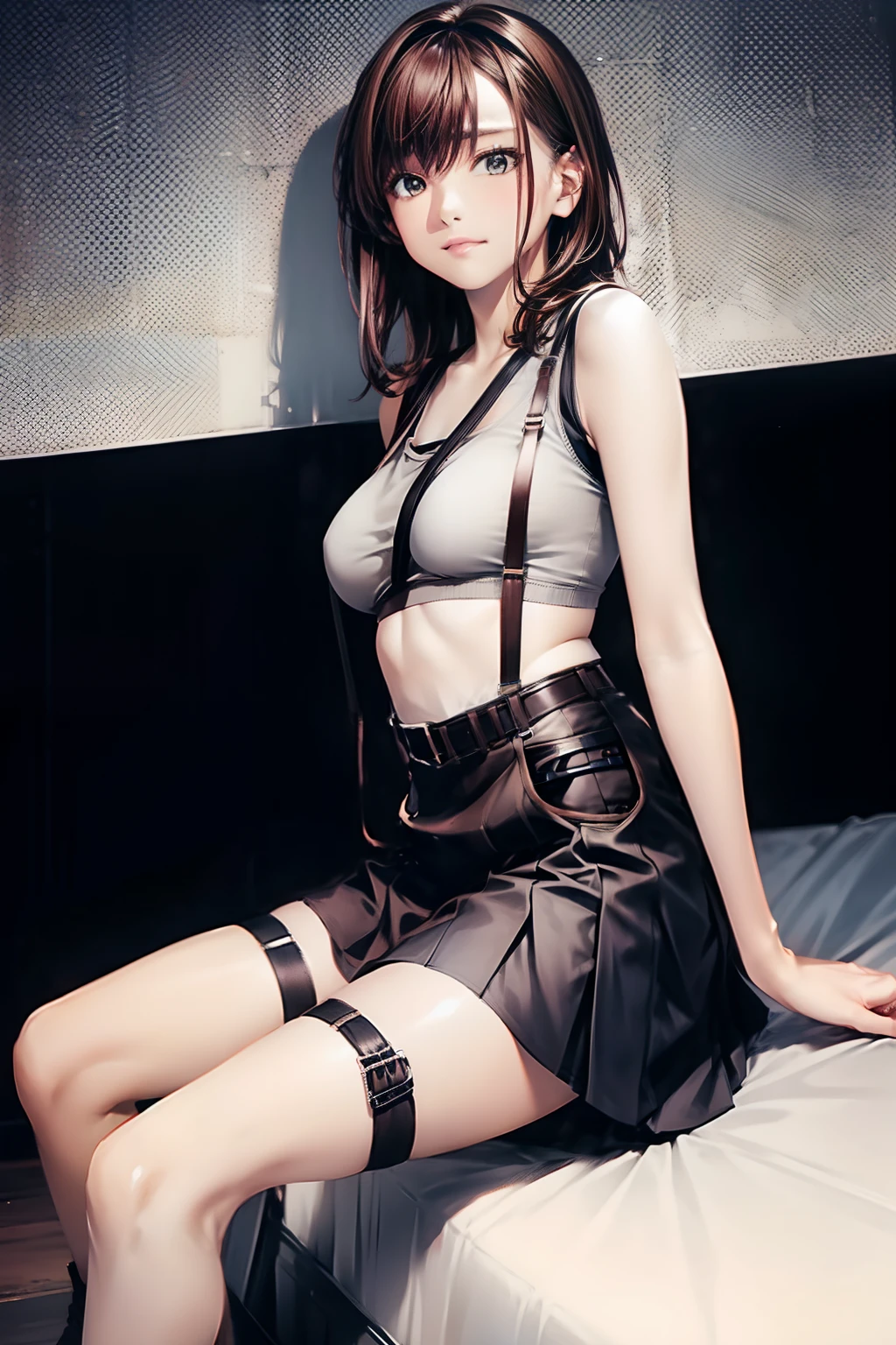a black skirt, Tank tops suspenders, Brown hair short, Gray eyes, holster, Garter belt on the legs, Moderate breasts and tight clothes, both sides Behind No bra
belt