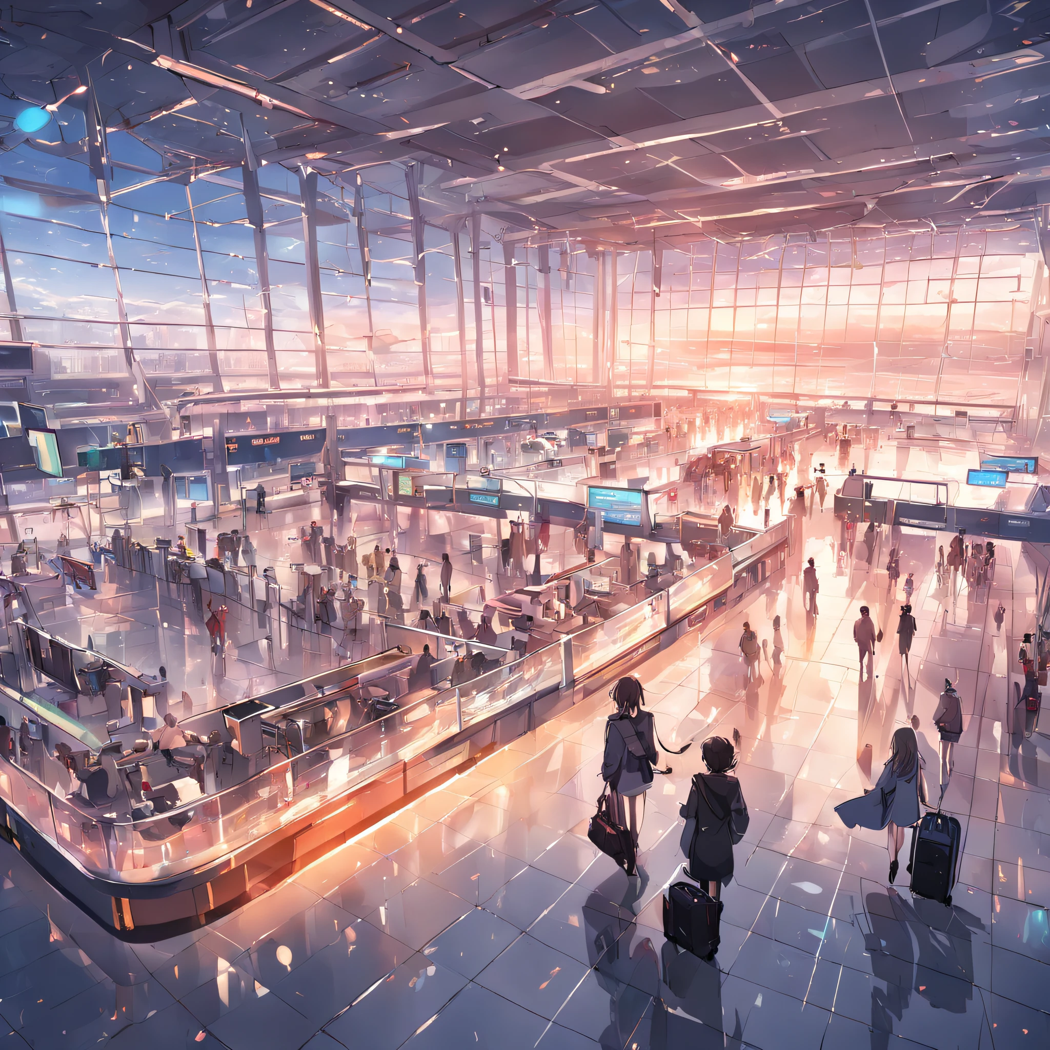 "modern and bustling airport terminal, with travelers, sleek design, vibrant atmosphere, sunset lighting, large windows, luggage carts, departure gates, digital display screens, flight information, airplanes"