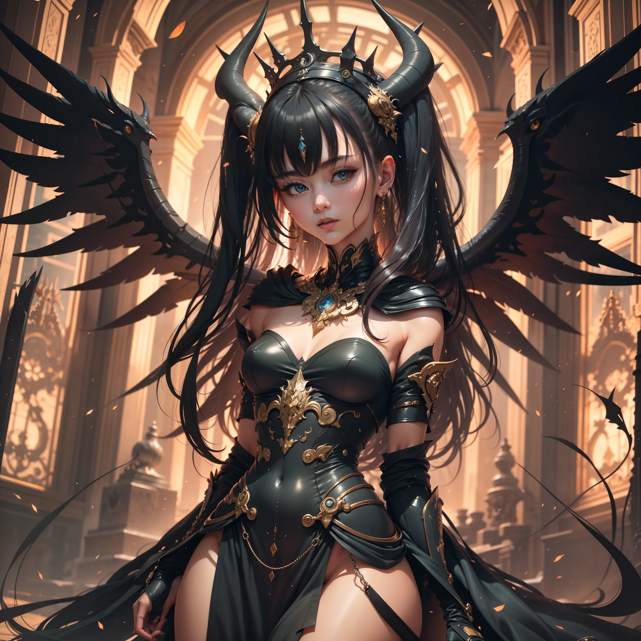 (Finest quality)),(超A high resolution),(ultra-detailliert),(Meticulous portrayal),((best pictures)),(Finest works of art),Ultra-Precision Art,The art of astounding depiction, Fantasyart:1.5, (((Asymmetrical costumes:1.8))),(One Female Fallen Angel with Angel and Devil Wings:1.5),((((Angel and Demon Fusion 1.9)))),demonic wings:1.4,the angel's wings:1.4,