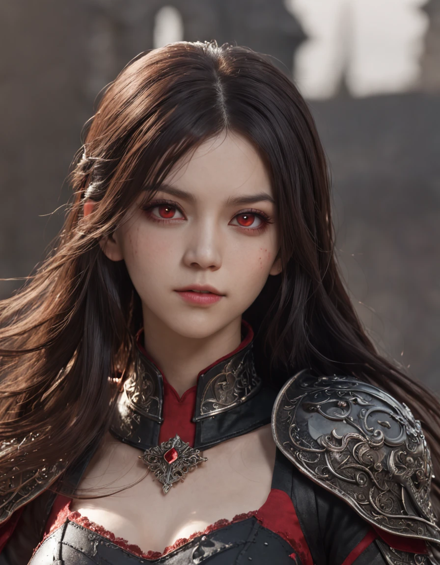 ((Masterpiece)), (illustration), (A high resolution), (((Best quality))), ((Ultra-detailed)), Depth of field, profile, ((Bust Up Shot)), looking at viewert, (1girll), (Solo), Expressionless, ((a beauty girl)), (Beautiful detailed red eyes), (Disheveled hair), Black hair, ((Medium breasts)), hair between eye, Long hair, (complex pattern), ((sharp black armor)), ((Sharp black shoulder armor)), (Gorgeous shoulder armor), (Red shiny rune details on armor), (Red torn cloak), (废墟), Cloud, (Sunset), lighting particle, (breeze), ((embers)), Detailed background, (Surrounded by many beautiful details red crystals), Mountain,