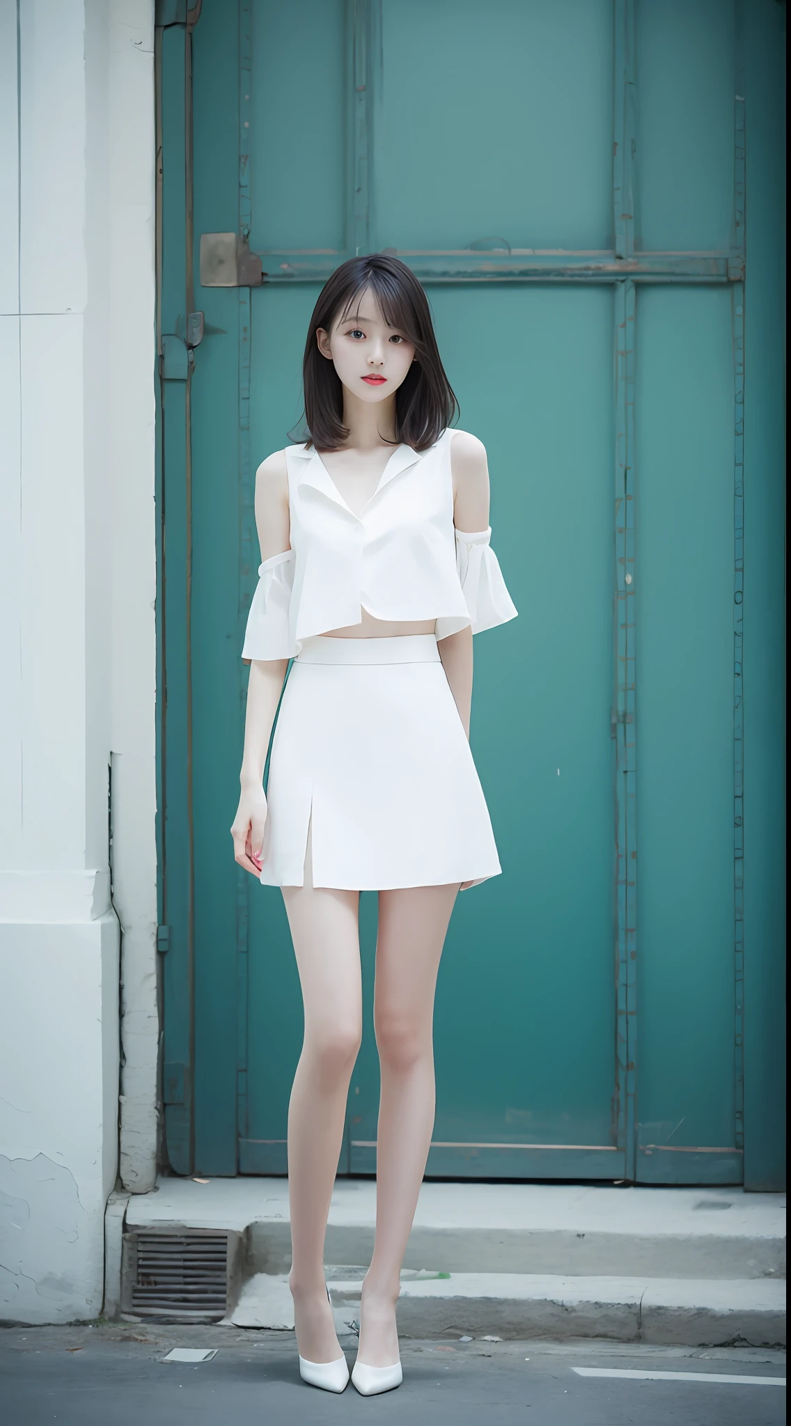 top Quority，Ultra-clear resolution，Clear  eyes，plain face，s the perfect face，White skin，Perfect chest，with perfect legs，Long legs，Short black style skirt，Random environment