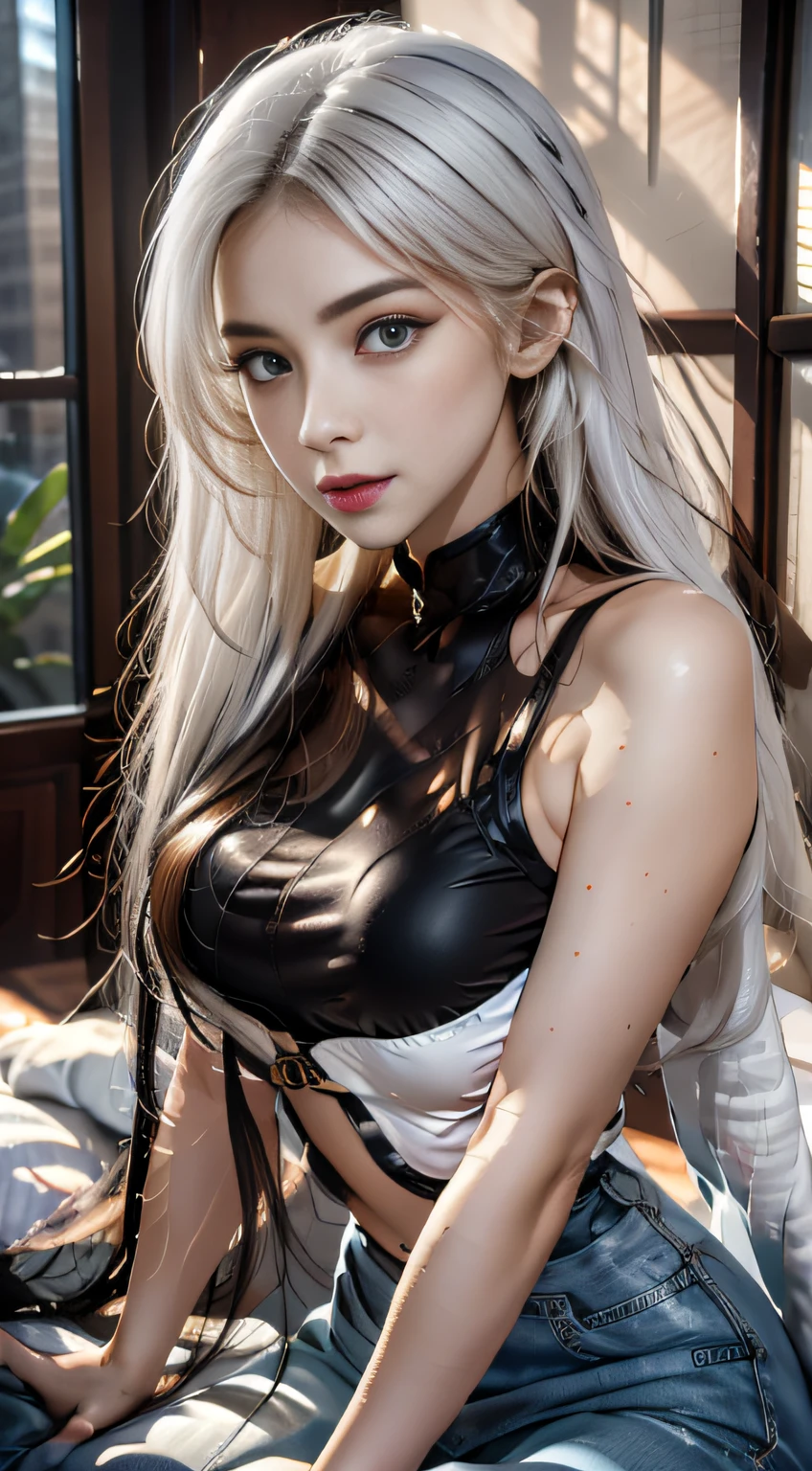 High resolution, highest quality, illustration, cinematic light, ultra-detailed faces, (fine eyes), best picture quality, ultra-detailed, masterpiece, (fine face), 1girl, girl, white hair, purple eyes, highest detail, glowing eyes, medium breathing, sitting on the bed, sitting, bed, window, night sky, backlight, light, (high contrast), (color),