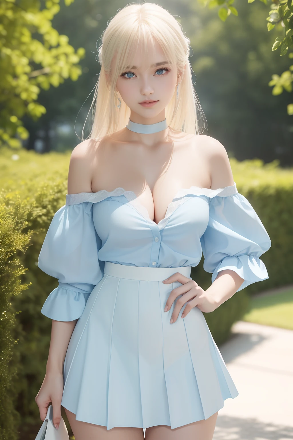 top-quality, 超A high resolution, (Photorealsitic:1.4), 1人, ((Off-the-shoulder light blue shirt)), (White tight skirt), White choker, (Lustrous blonde hair), (A slender), (Shallow cleavage), a closeup, ssmile, (model shot),