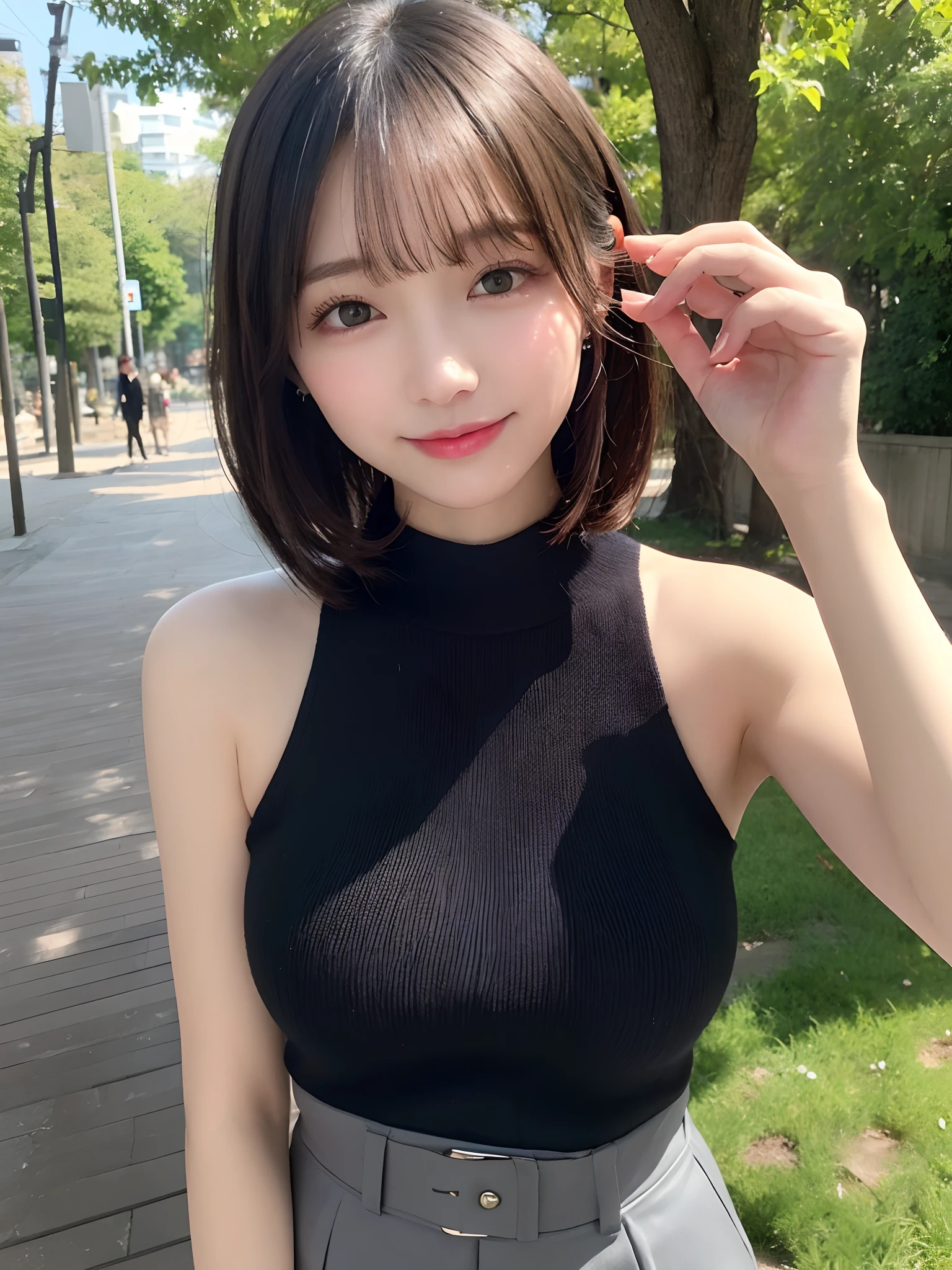 ((highest quality:1.2, 8k, Photorealistic:1.2, masterpiece:1.2, Super quality :1.2, Beautiful woman, Backlight, Highly detailed facial textures, Detailed beauty makeup, Realistic Skin, Double eyelids with attention to detail, Iris, fine bangs)), ({{{Ribbed sweater}}},Bare arms, Bare back,:1.2), (Park Background), (smile), (Shiny black details shining on bright hime cut hair), ((Cowboy Shot)), ((Low angle shot))