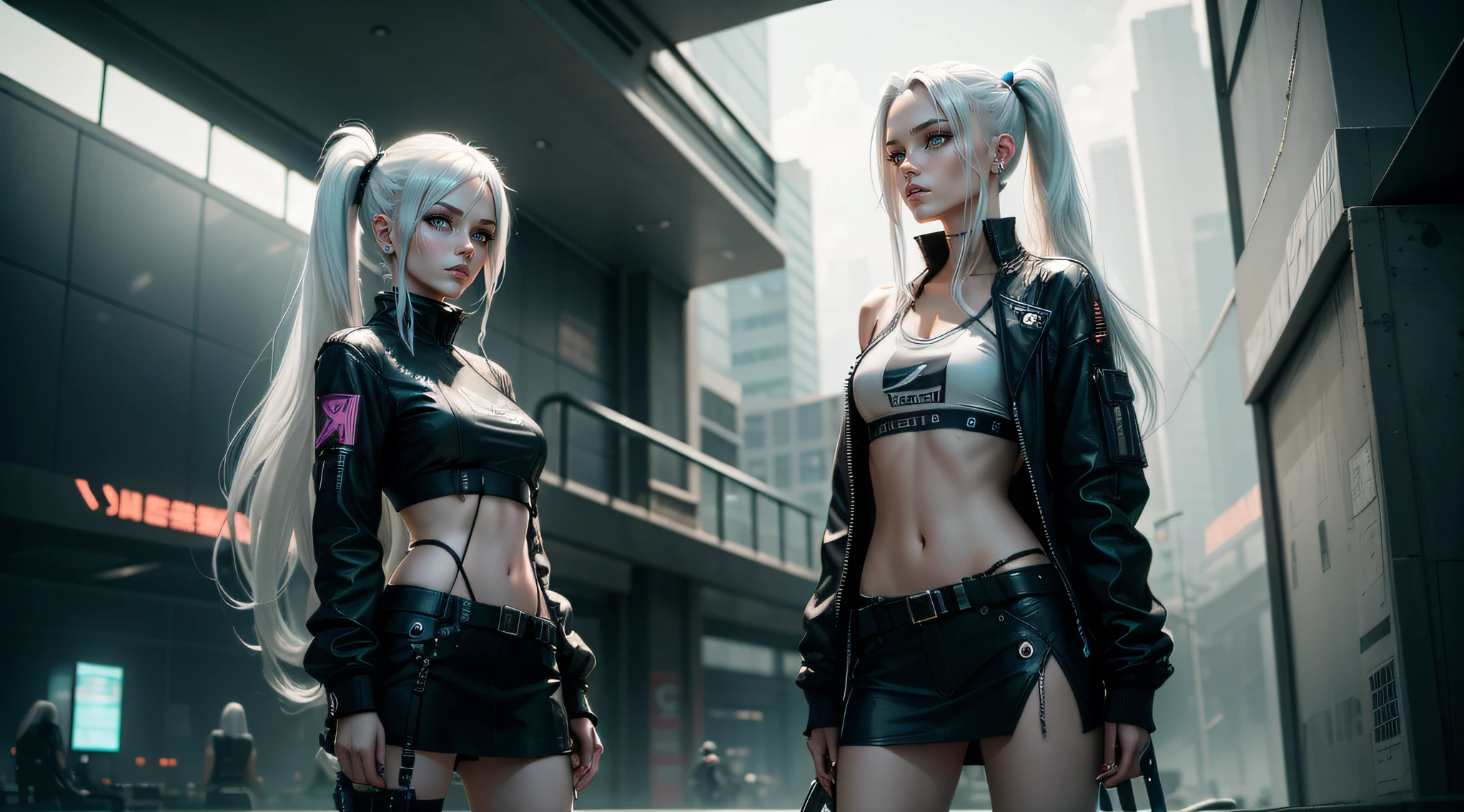 Two beauties with long single ponytails,Short white cyberpunk-style outfit,Long legs,Silvery hair,Beautiful face,..