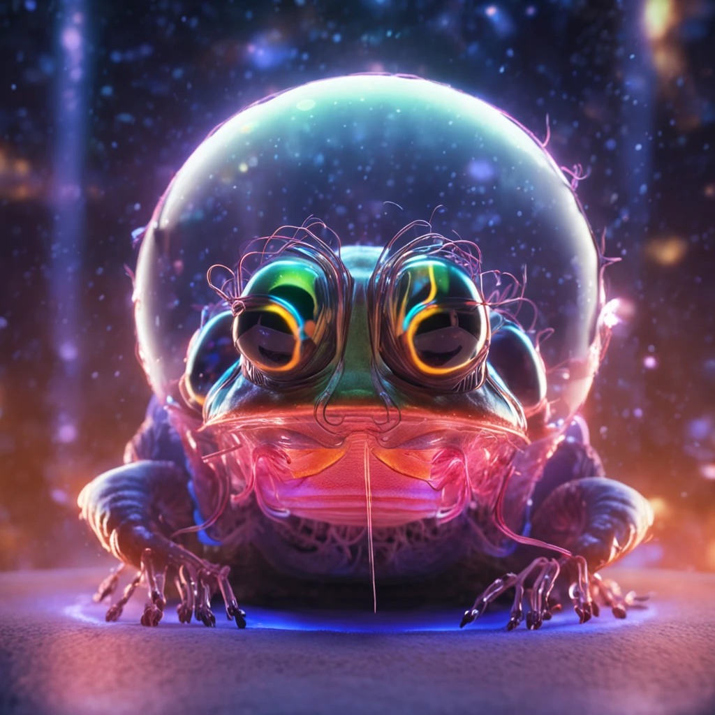 (klein:1.3, Hirngespinst:1.2) Wunderbare Biolumineszenz-Fadenkreaturen in einem dunklen Hintergrund, mit sichtbarem Lichtspektrum und inspiriert von Shih Chieh Huang. Big eyes should be emphasized.
