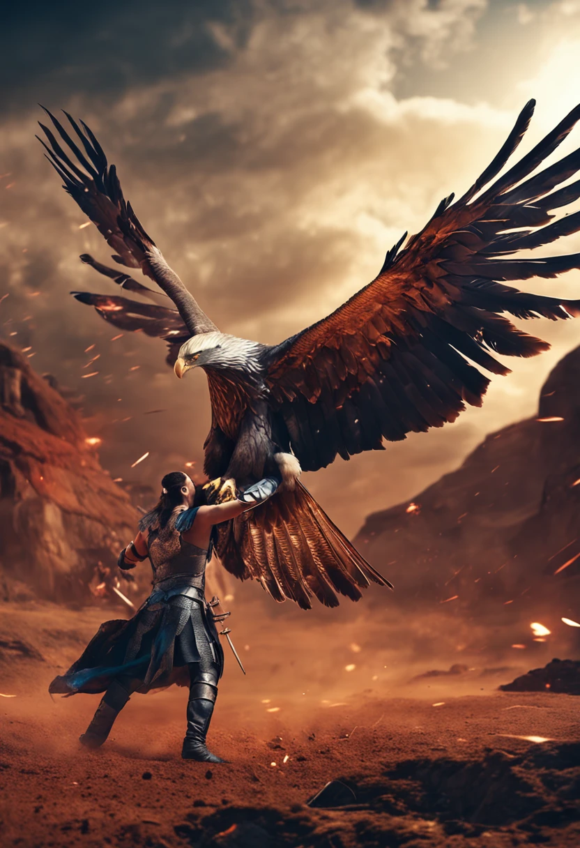 Imagine a warrior in the middle ages in a futuristic setting fighting a wild eagle with metallic feathers