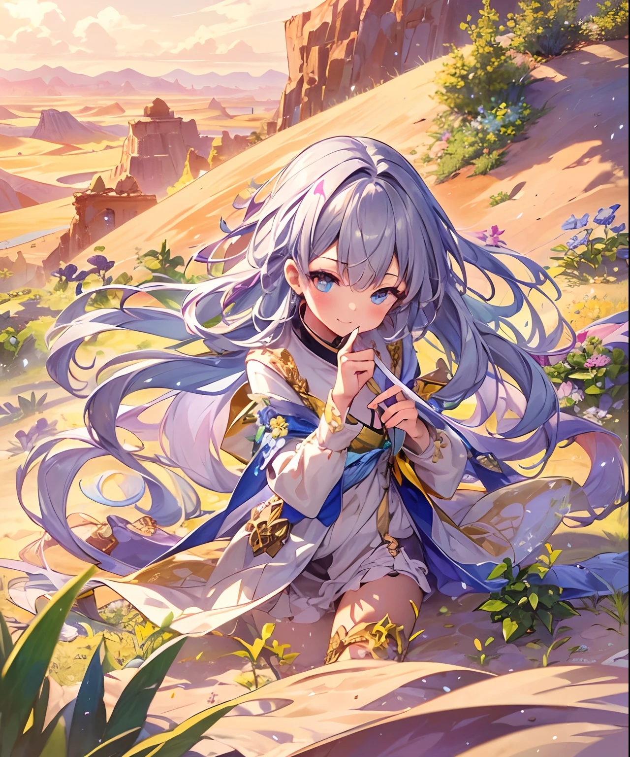(((masterpiece)))、(((top-quality)))、((ultra-detailliert))、(illustratio)、((extremely delicate and beautiful))、、Bright smile、floating、Light purple hair、(Detailed light) (1girl in)、、独奏、The long-haired、The wind is blowing、A WORLD、In nature、(A desert)、(cute eye)、Yellow sand in the sky,The background is a vast desert, Desert Oasis,,Succulents,(View from the air)