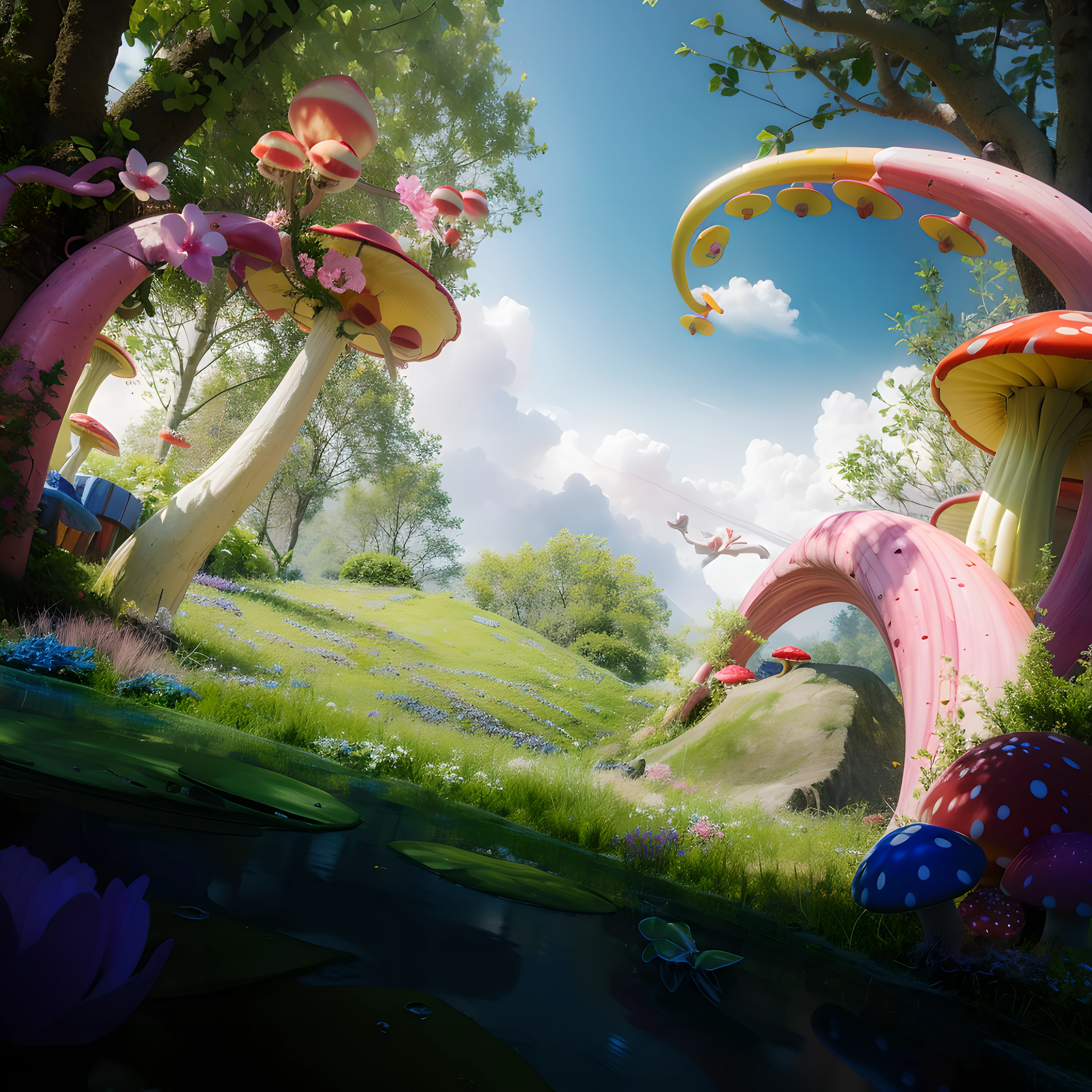 There is a picture of a colorful mushroom garden，There are flowers inside, whimsical fantasy landscape art, beautiful render of a fairytale, fantasy matte painting， Rolands Zilvinskis 3D rendering art, Beautiful digital artwork, Realistic fantasy rendering, fantasy magical vegetation, beautiful 3d concept art, 4k highly detailed digital art, colorfull digital fantasy art, From Alice in Wonderland