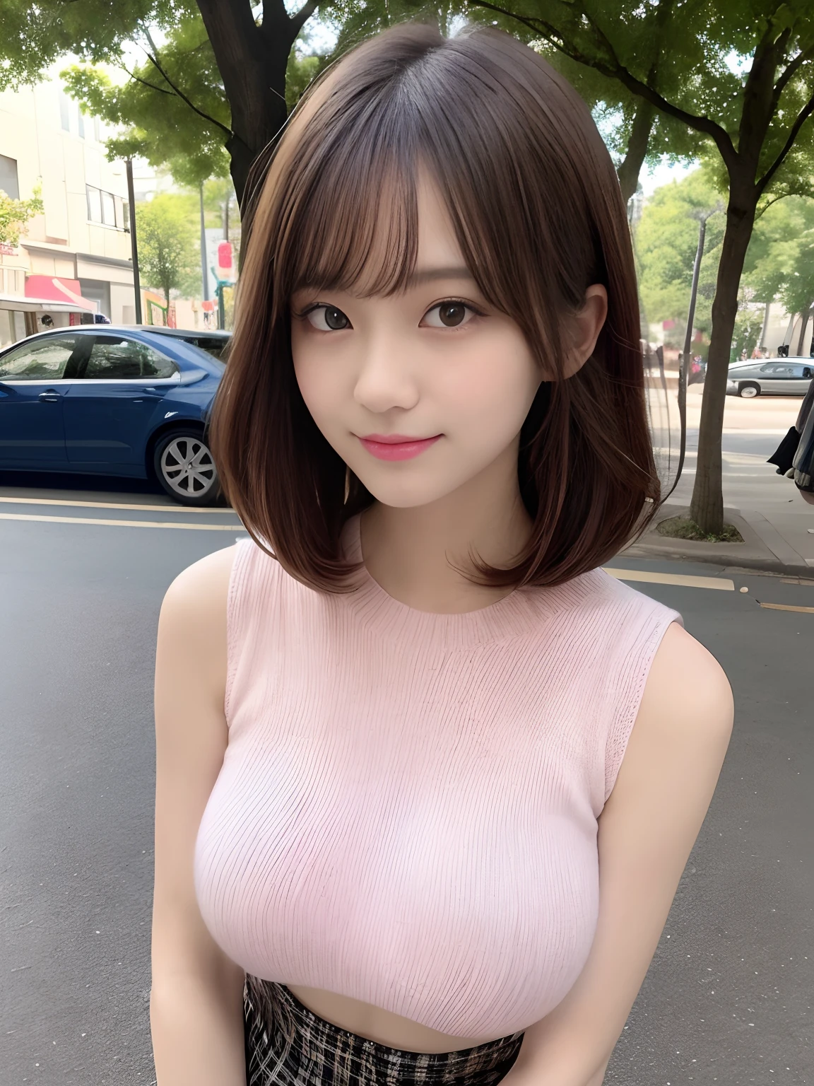masutepiece、Best quality、illustration、 ultra - detailed、A high resolution、8K wallpapers、Perfect dynamic composition,、Beautiful detailed eyes、Medium hair、(Beautiful large breast:1.3)、Natural color lips、Bold sexy pose、Smile、Harajuku、20 years girl、Cute、Look at the sexy shots of the lens、(top-quality: 1.3), (tmasterpiece: 1.3), (Super detail: 1.3), (the wallpaper, one-girl: 1.1)、(Detailed hands and fingers:1.2)、(detailed super oily shiny skin:1.1)、Greasy shiny thighs high、(Perfect beautiful pink sleeveless knit top:1.4)、Gray and white plaid shorts、(brown pantyhose:1.3)、Brown hair、short-hair、bouncing hair、Beautiful sister、(A park:1.2)、(Beautiful large breast:1.2) 、It's standing、stooping forward