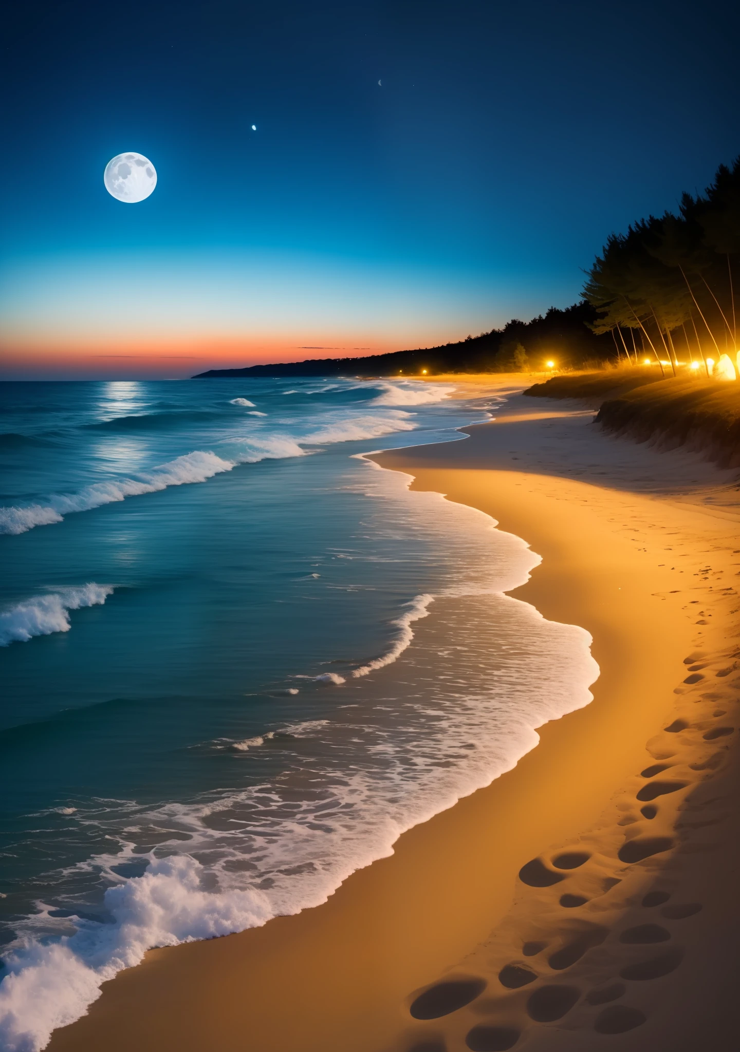 Create a picture on Sandy beach ať night with white Bright moon and glowing stars