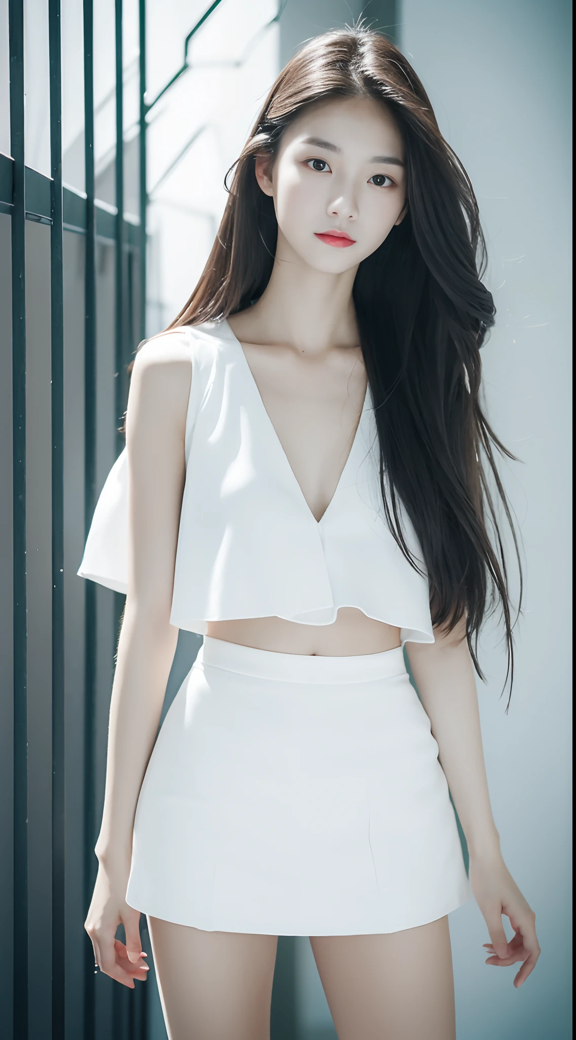 top Quority，Ultra-clear resolution，Clear  eyes，plain face，s the perfect face，White skin，Perfect chest，with perfect legs，Long legs，Short black style skirt，Random environment