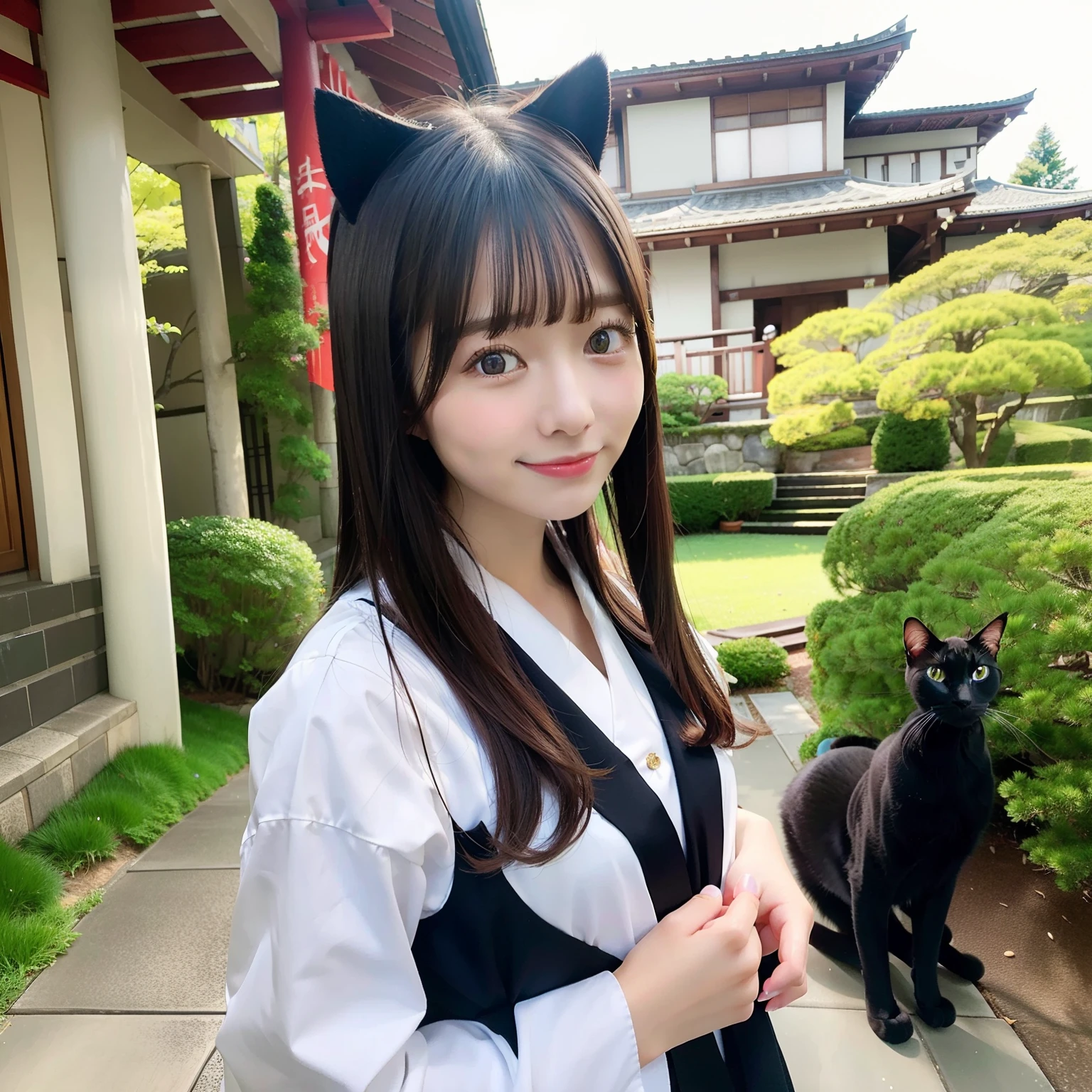 masterpiece, best quality, highly detailed, beautiful girl at school with her neat uniform and sweet smile, holding a textbook in her hand. The background is a busy school hallway with her friends interacting behind her, wearing, hijab, animal ear fluff, animal ears, black hair, fluffy hair, blush, brown eyes, flower, fox ears, big breasts, nude, naked, nsfw