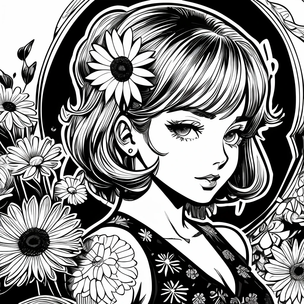 Black and white stick figure 1 girl with daisy flower in background,  in dress with flowers, its fine ink line art, comic style, portrait of ploynesian girl, Marilyn Munroe, Hollywood glam, beautiful line art, black and white comic style, manga style, manga art style, pencil and ink caricature drawing, black and white coloring --auto --s2