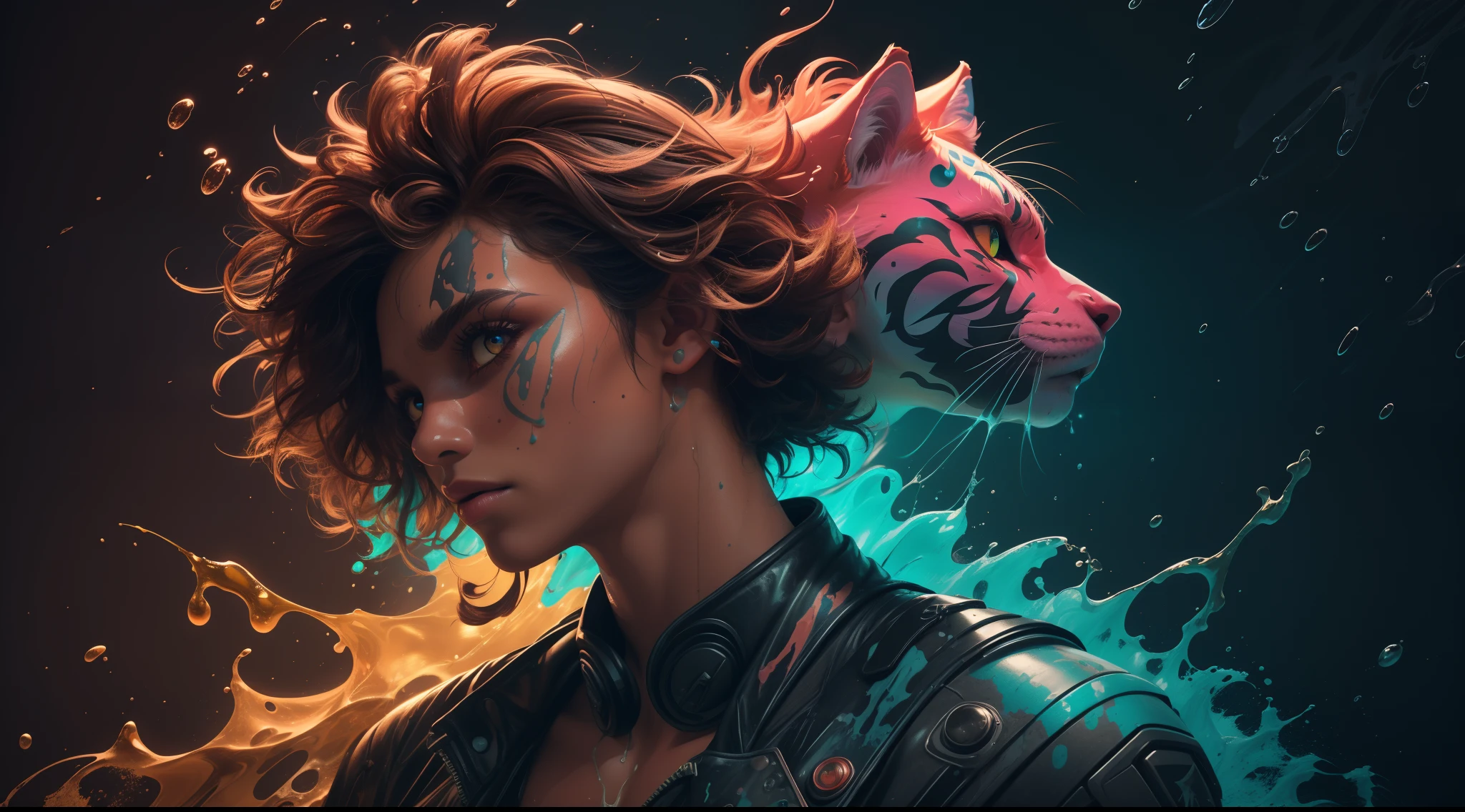 Maverick quality, CG, Detailed face+Eyes, (Bright colors), Splashing colorful background, color mashing, paint splatter, complimentary colors, electric, neonlight, magical, (Thundercat), Impatient, (limited palette), synthetic wave, Masterpiece, fine art, brown tanned skin, The upper part of the body