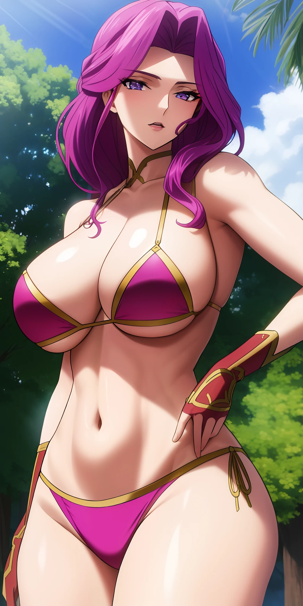 cornelia_li_britannia, huge breasts, solo, standing, bikini,, masterpiece, best quality, detailed face, detailed eyes, highres,