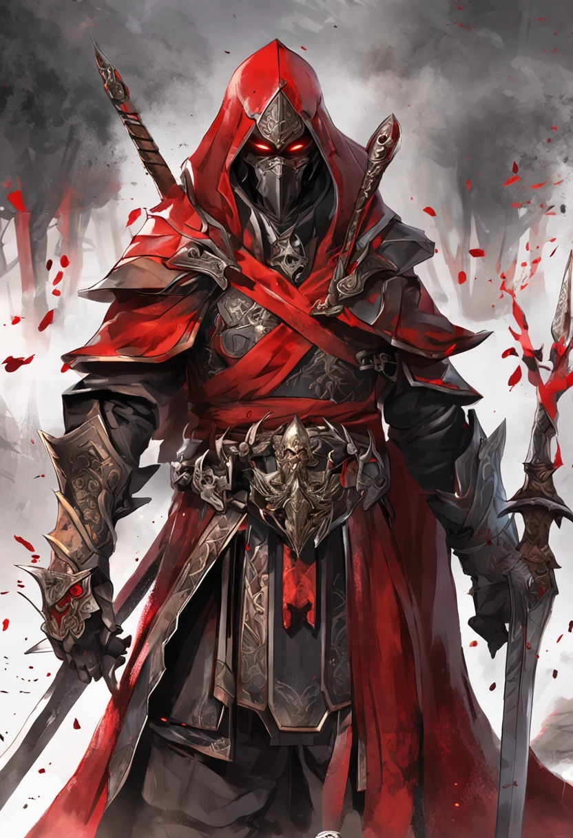 (ultra-detailed CG unit 8k wallpaper, Master parts, Best quality, depth of fields, hdr, 复杂), Tall, The sinister Dark Assassin wears a metal mask,Bright red eyes,Light and dark armor,Behind him he wears a low-key red cloak,Holding a sharp dagger in his arms,Step into the burning village, (复杂: 1.4) (Master parts: 1.4) (illustration: 1.4), Red studio lighting, Post-processing, 8K resolution, deep dark background, imponent, Well-composed photos, Impressive, dark fantacy (director: greg rutkovsky: 1.2), (darken: 1.5)
