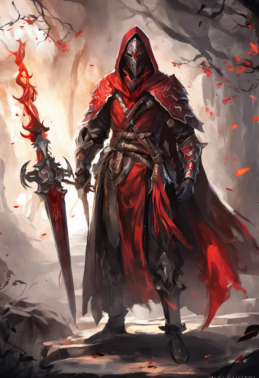 (ultra-detailed CG unit 8k wallpaper, Master parts, Best quality, depth of fields, hdr, 复杂), Tall, The sinister Dark Assassin wears a metal mask，Bright red eyes，Light and dark armor，Behind him he wears a low-key red cloak，Holding a sharp dagger in his arms，Step into the burning village, (复杂: 1.4) (Master parts: 1.4) (illustration: 1.4), Red studio lighting, Post-processing, 8K resolution, deep dark background, imponent, Well-composed photos, Impressive, dark fantacy (director: greg rutkovsky: 1.2), (darken: 1.5)