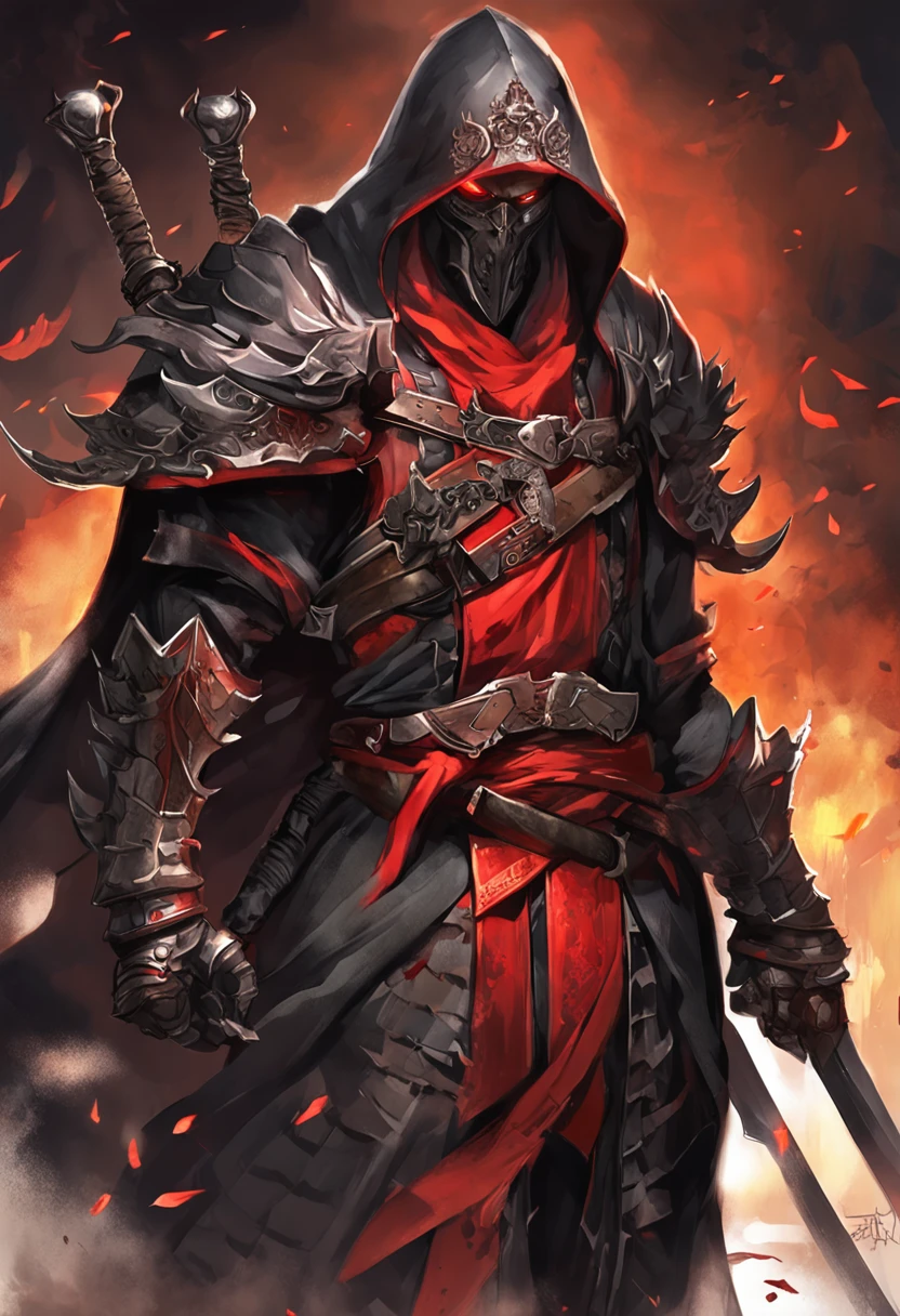 (ultra-detailed CG unit 8k wallpaper, Master parts, Best quality, depth of fields, hdr, 复杂), Tall, The sinister Dark Assassin wears a metal mask,Bright red eyes,Light and dark armor,Behind him he wears a low-key red cloak,Holding a sharp dagger in his arms,Step into the burning village, (复杂: 1.4) (Master parts: 1.4) (illustration: 1.4), Red studio lighting, Post-processing, 8K resolution, deep dark background, imponent, Well-composed photos, Impressive, dark fantacy (director: greg rutkovsky: 1.2), (darken: 1.5)