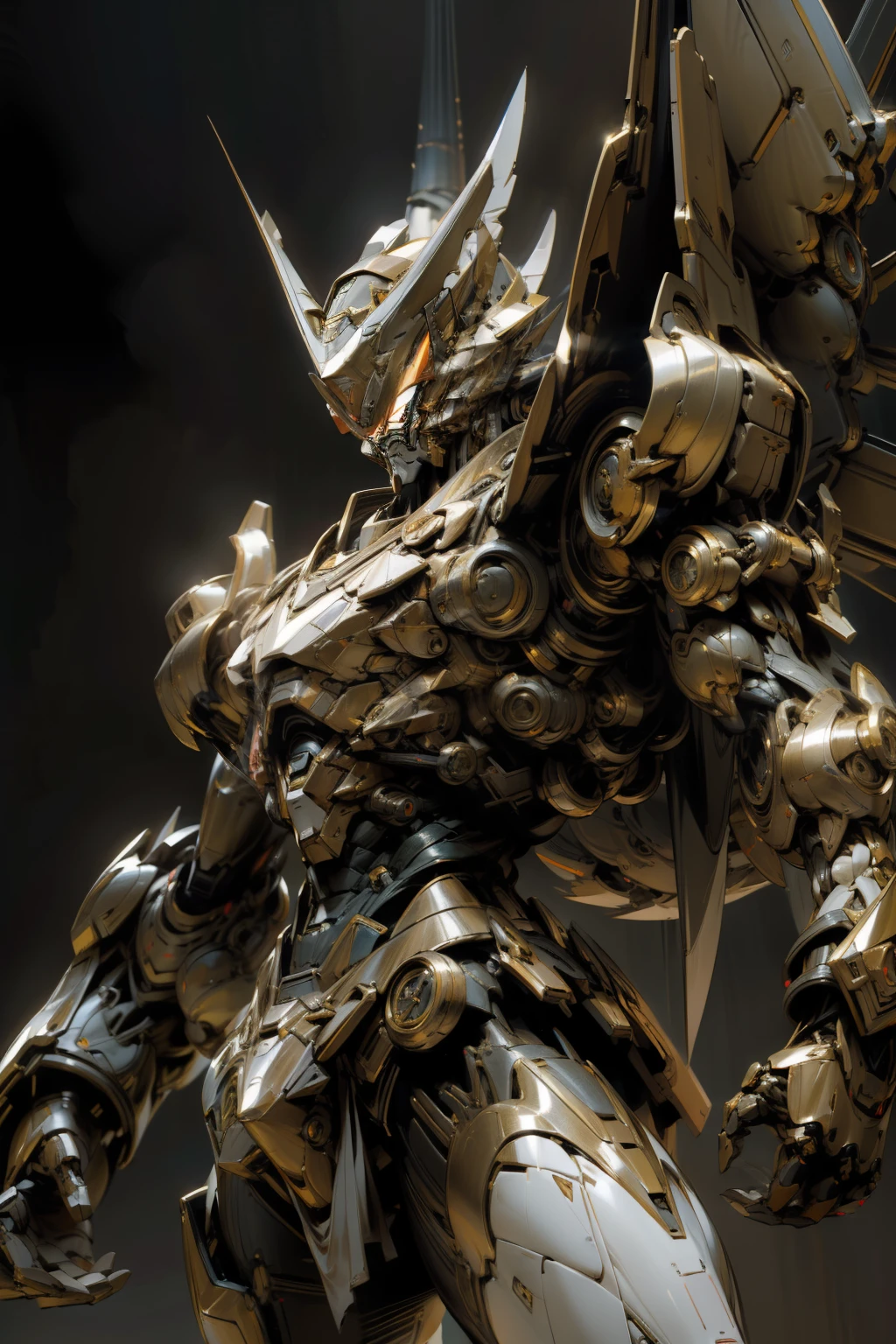 masterpiece、top-quality、hight resolution、realisitic、Upper part of the metal body、Adult male、Super macho men、Beastman、Ultraman、Jet black body、(Stance:1.1)、Biomechanics、 Megacities of the future、Dramatic Lighting、Metal wings on the back、