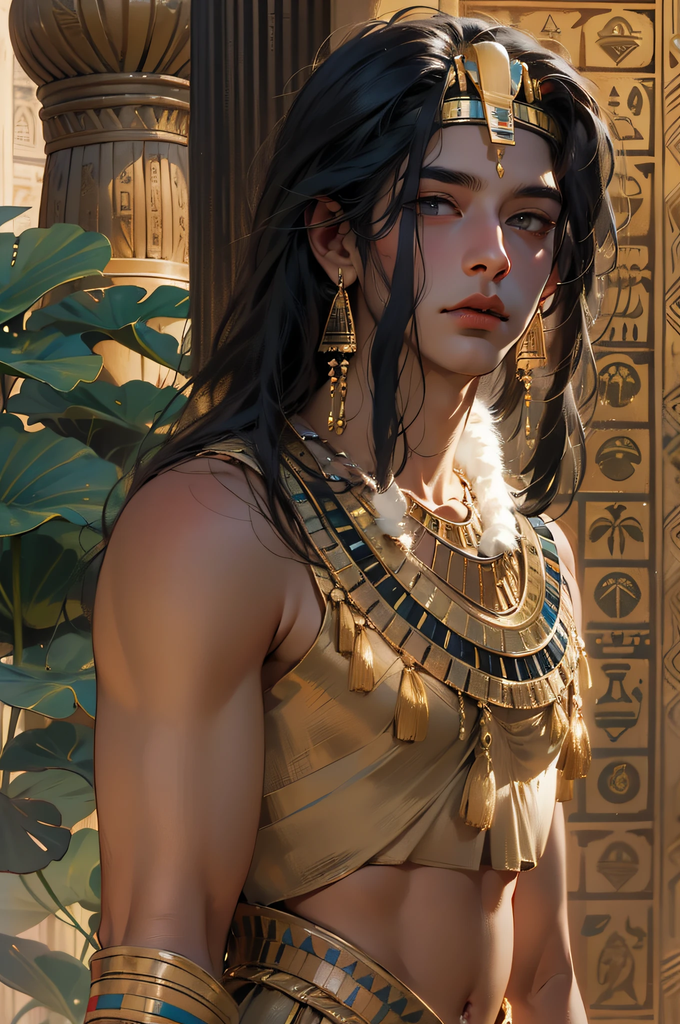 1 man，Man with long black hair，Egyptian clothing，Egyptian Dress Up，young people，Egyptian clothing，Egyptian Dress Up，black eyes，Exquisite eyes，Beautiful face，Stand by the lotus pond，Detailed CG，Movie images，Smooth and fair skin，Ultra-high quality，Egyptian pharaoh，Traditional Egyptian Black Eyeliner，Hold Pharaoh's scepter，Egyptian sun god