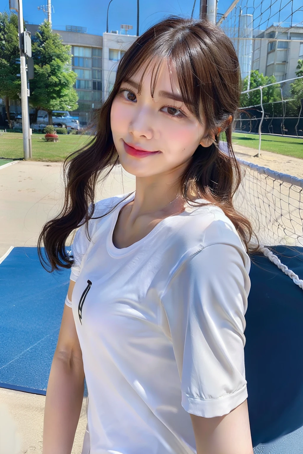 femele、face perfect、fine detailed、Realistic shading、finerly detailed face、Clean face、huge tit、fullbody image、from foot to head、Whole body、Woman doing sports、Woman playing volleyball