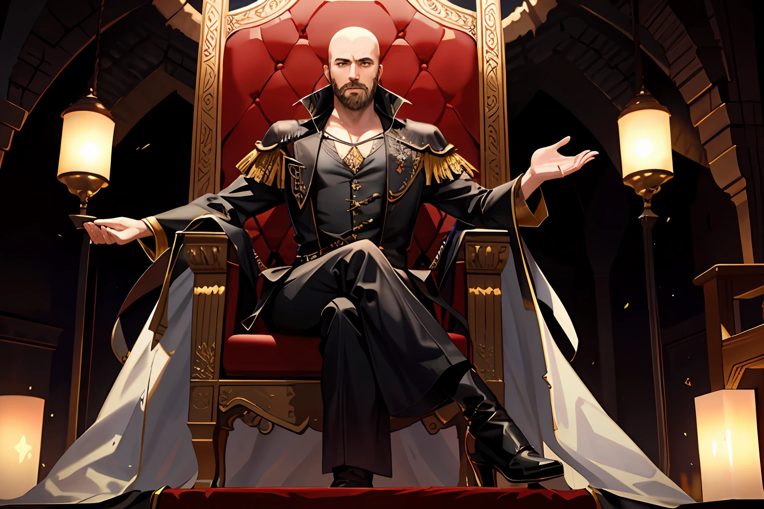 Castlevania Lord of the shadows bald beard handsome sitting in moroccan kingdom throne hyper realistic super detailed Dynamic poses différent design