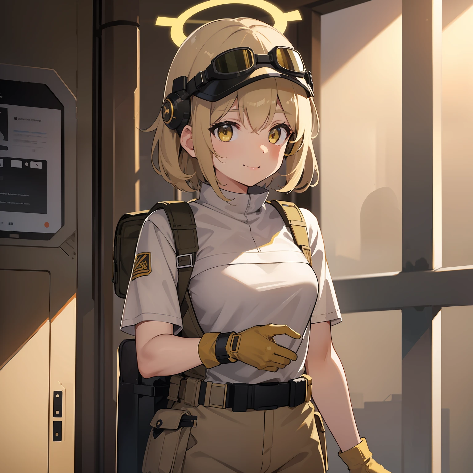 1girl, light brown short messy hair, tan colored tactical helmet, tactical helmet, tactical goggles, tactical railed headset, white formal tshirt, tshirt, light yellow colored tactical vest, beige armor, desert beige colored armor, tan colored pouches, triangular halo, lime colored halo, green triangle shaped halo, smile, happy, beige helmet, desert pants, yellow eyes, beige vest, white tshirt uniform, black tact gloves, tan helmet, teasing, 1person