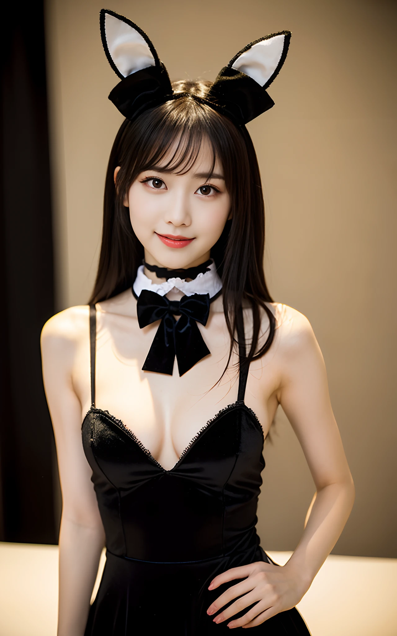 8K, Black velvet bunny girl costume, velvet, a 20 yo woman, Bokeh background, bokeh feeling, girl's own room, A smile, de pele branca, Cute little girl s, breasts on table, White choker and black bow tie, White cuffs, two side up