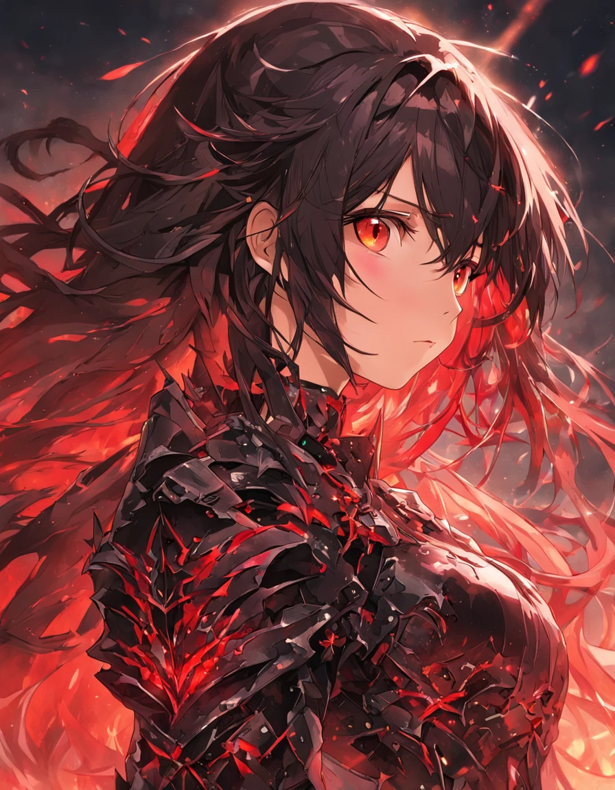 ((Masterpiece)), (illustration), (A high resolution), (((Best quality))), ((Ultra-detailed)), Depth of field, profile, ((Bust Up Shot)), looking at viewert, (1girll), (Solo), Expressionless, ((a beauty girl)), (Beautiful detailed red eyes), (Disheveled hair), Black hair, ((Medium breasts)), hair between eye, Long hair, (complex pattern), ((sharp black armor)), ((Sharp black shoulder armor)), (Gorgeous shoulder armor), (Red shiny rune details on armor), (Red torn cloak), (废墟), Cloud, (Sunset), lighting particle, (breeze), ((embers)), Detailed background, (Surrounded by many beautiful details red crystals), Mountain,