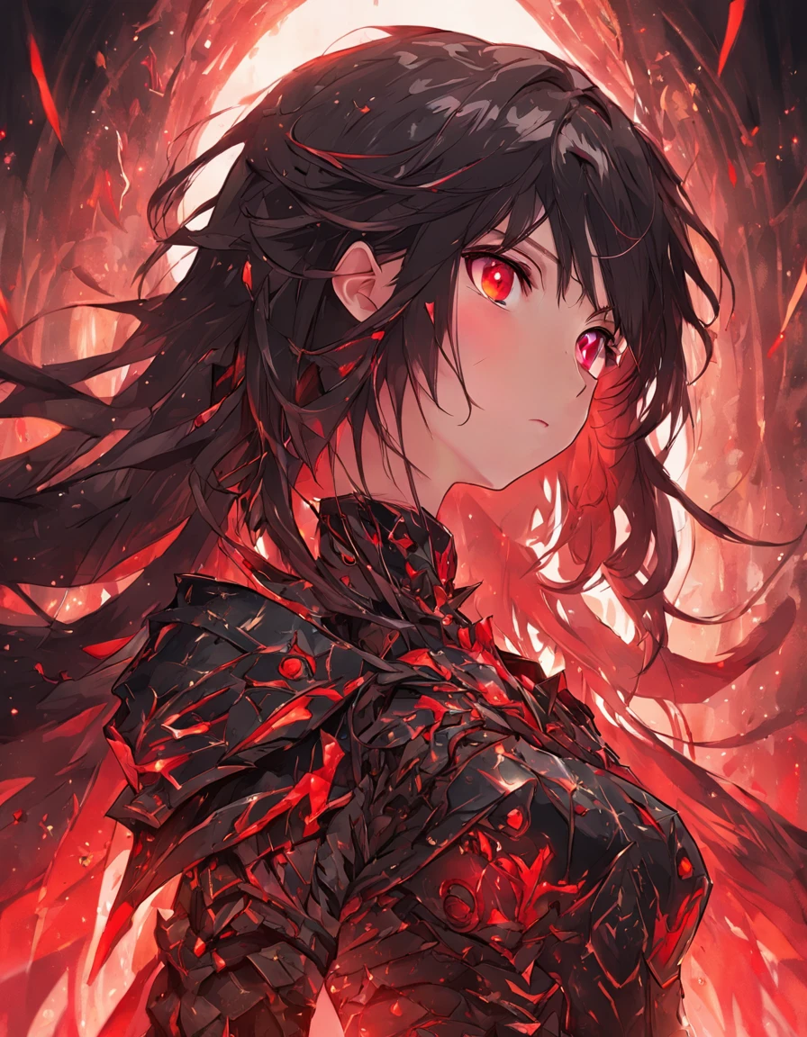 ((Masterpiece)), (illustration), (A high resolution), (((Best quality))), ((Ultra-detailed)), Depth of field, profile, ((Bust Up Shot)), looking at viewert, (1girll), (Solo), Expressionless, ((a beauty girl)), (Beautiful detailed red eyes), (Disheveled hair), Black hair, ((Medium breasts)), hair between eye, Long hair, (complex pattern), ((sharp black armor)), ((Sharp black shoulder armor)), (Gorgeous shoulder armor), (Red shiny rune details on armor), (Red torn cloak), (废墟), Cloud, (Sunset), lighting particle, (breeze), ((embers)), Detailed background, (Surrounded by many beautiful details red crystals), Mountain,